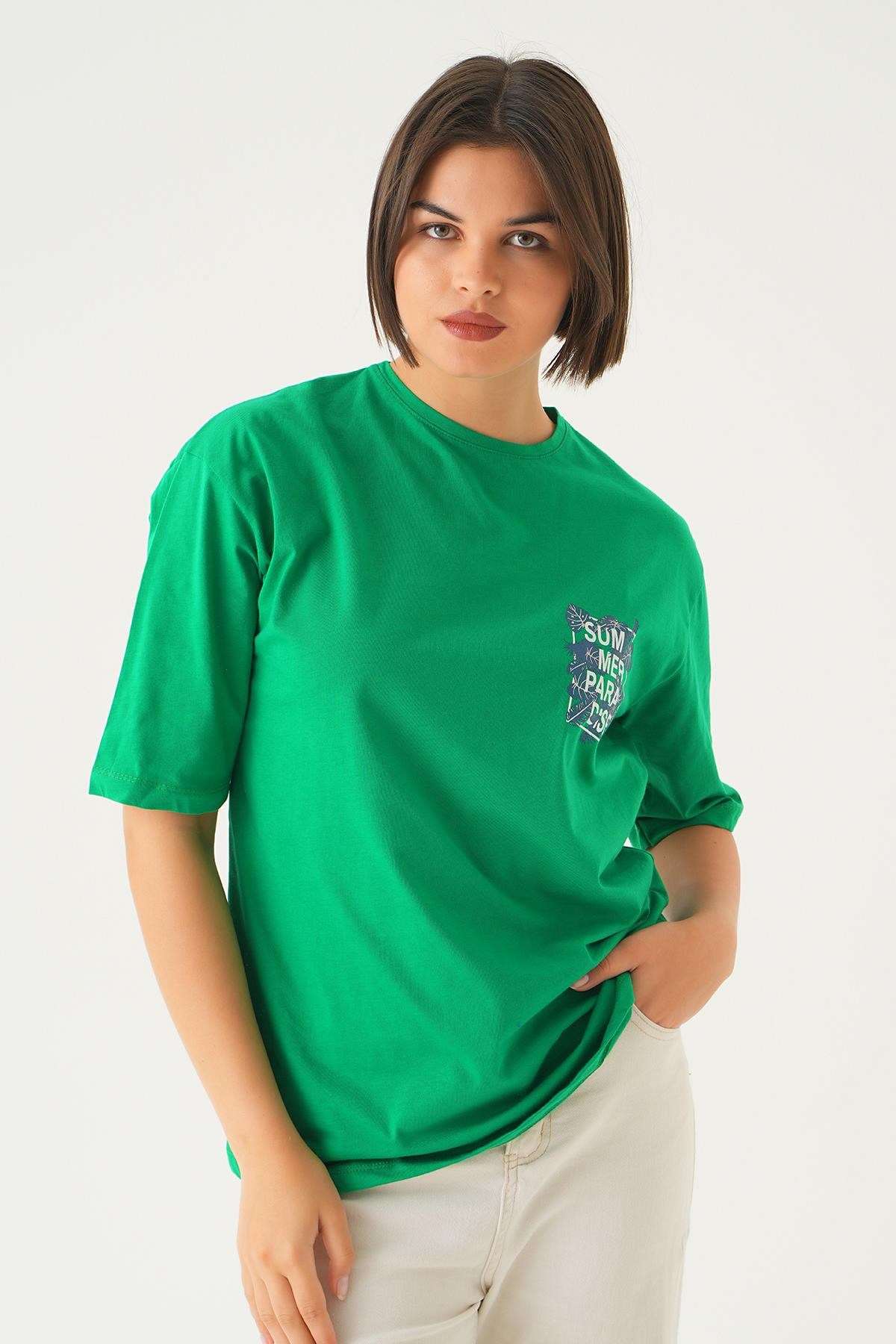 Benetton Yeşili Summer Baskı Oversize Tişört 1710