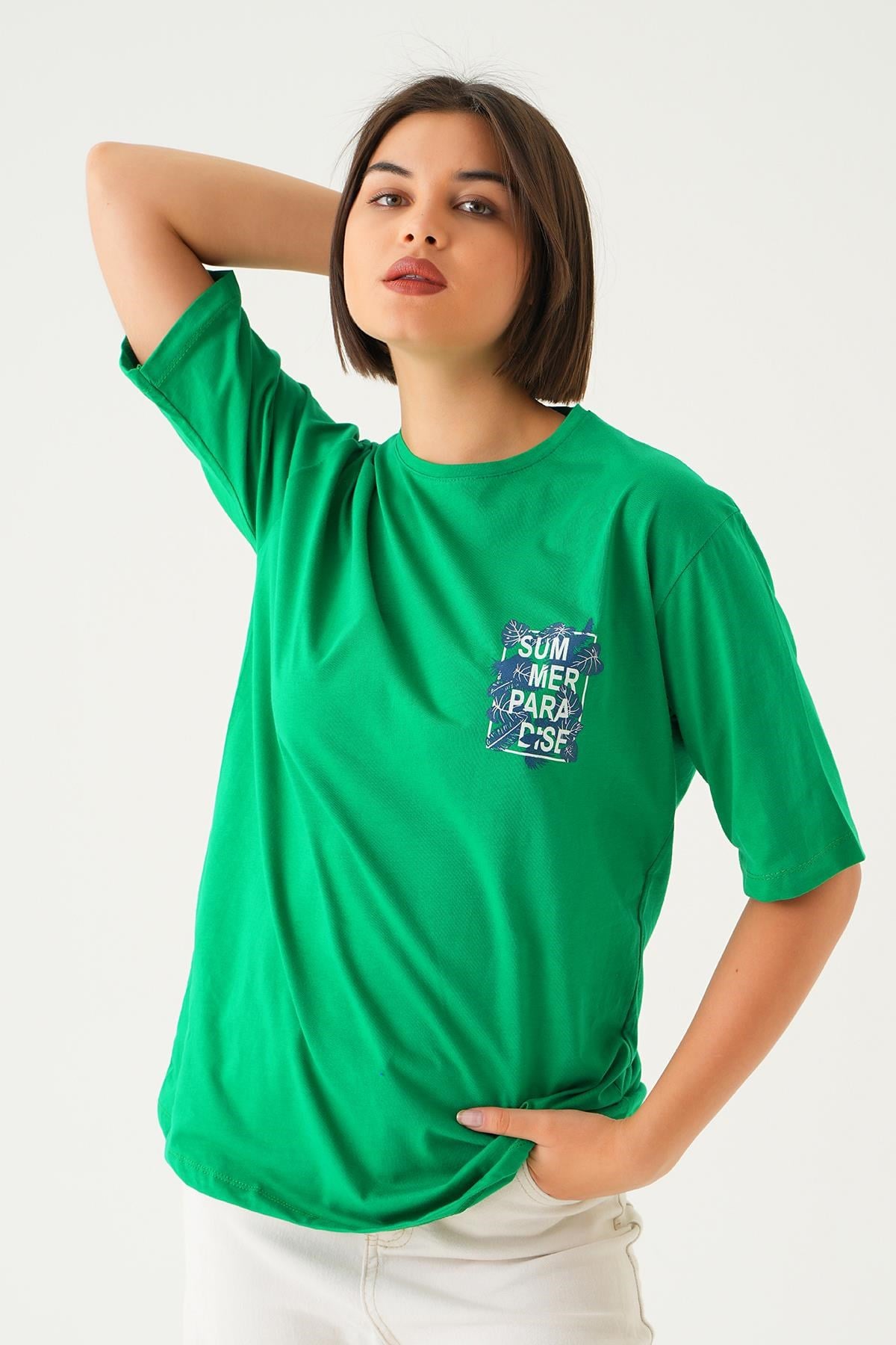 Benetton Yeşili Summer Baskı Oversize Tişört 1710