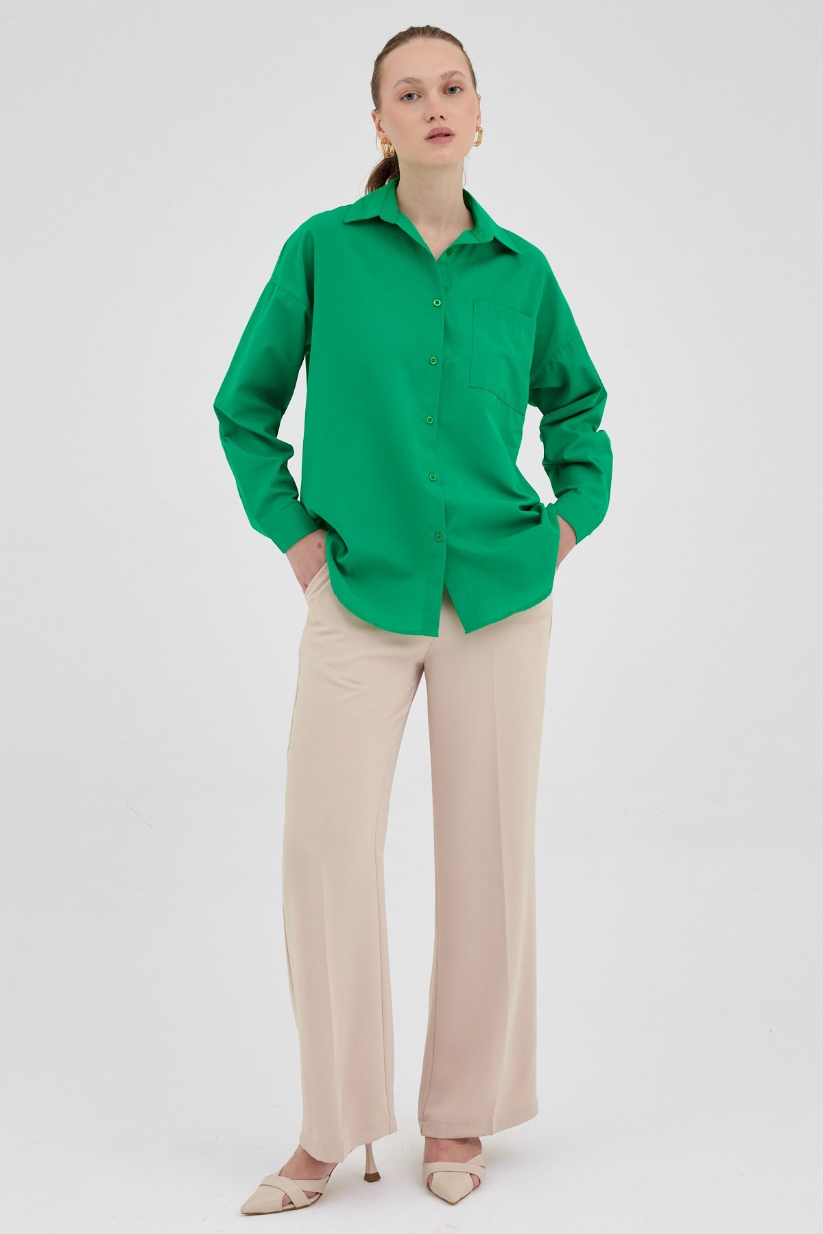 Benetton Yeşili Tek Cepli Oversize Gömlek 8158A