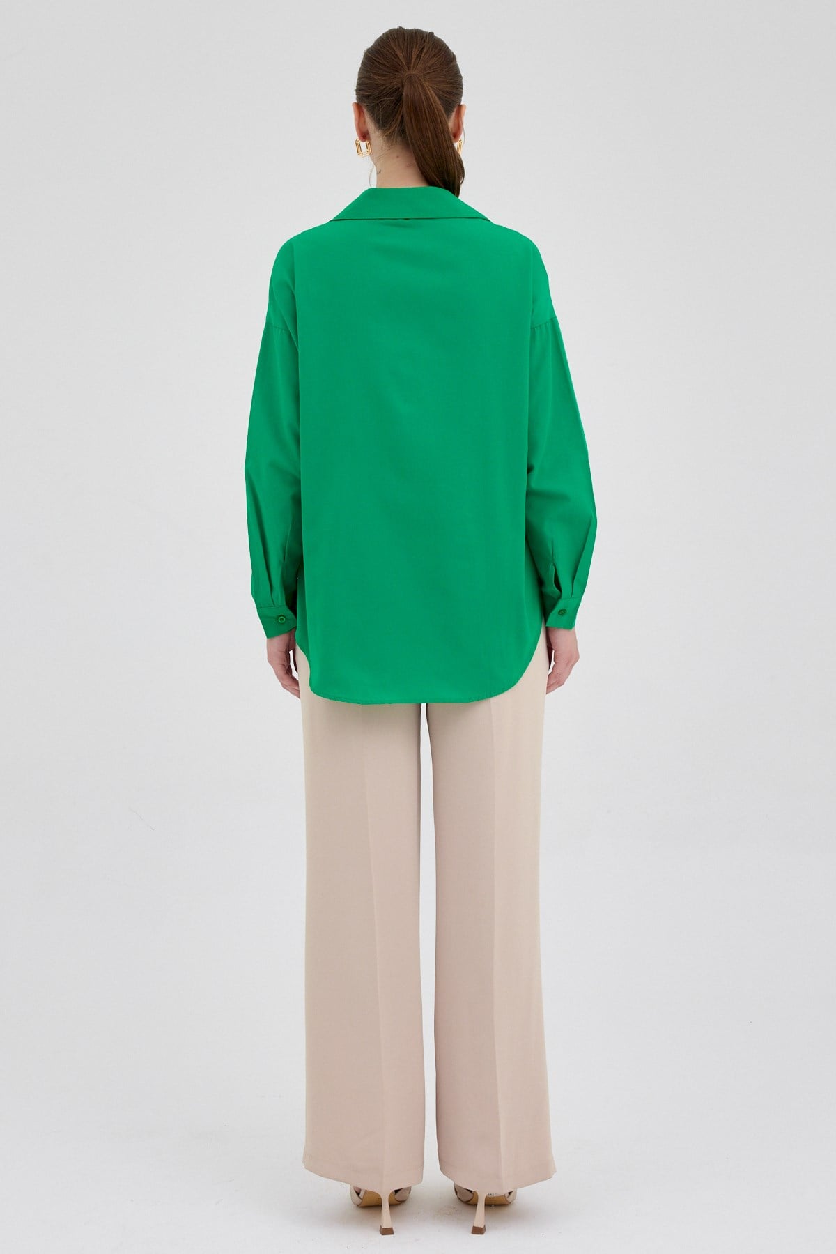 Benetton Yeşili Tek Cepli Oversize Gömlek 8158A