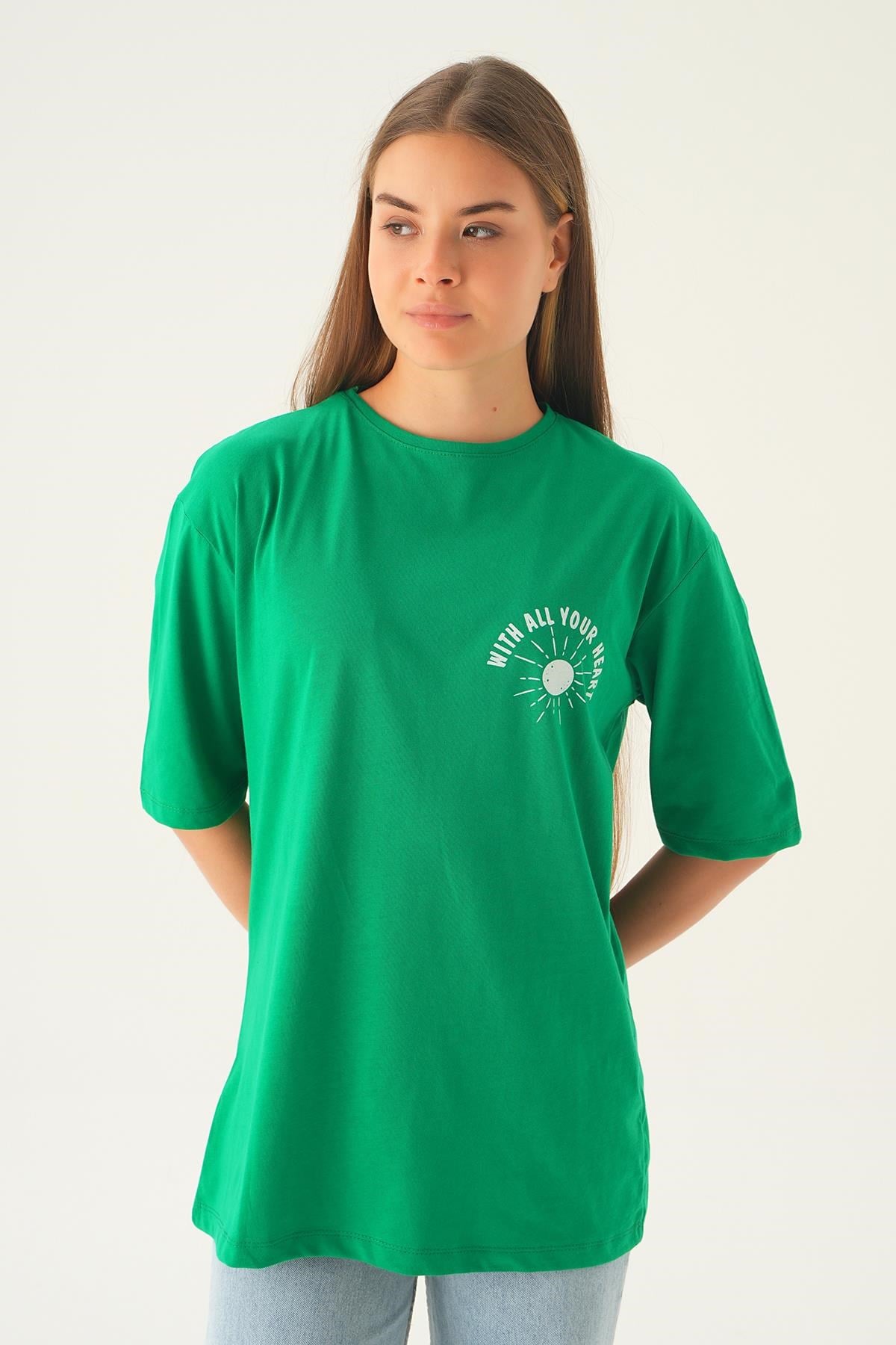 Benetton Yeşili Yazı Baskı Oversize Tişört 1706