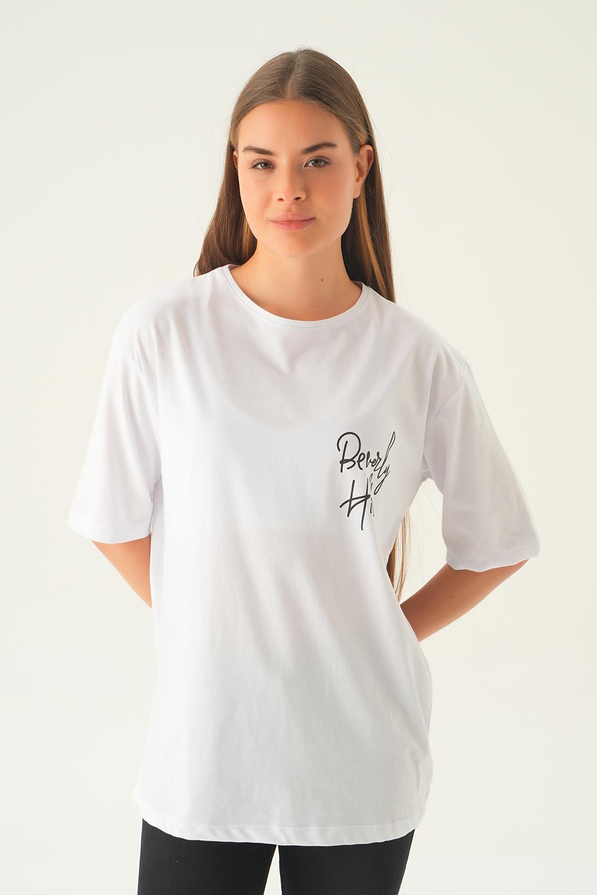 Beyaz Baskılı Oversize Tişört 1707