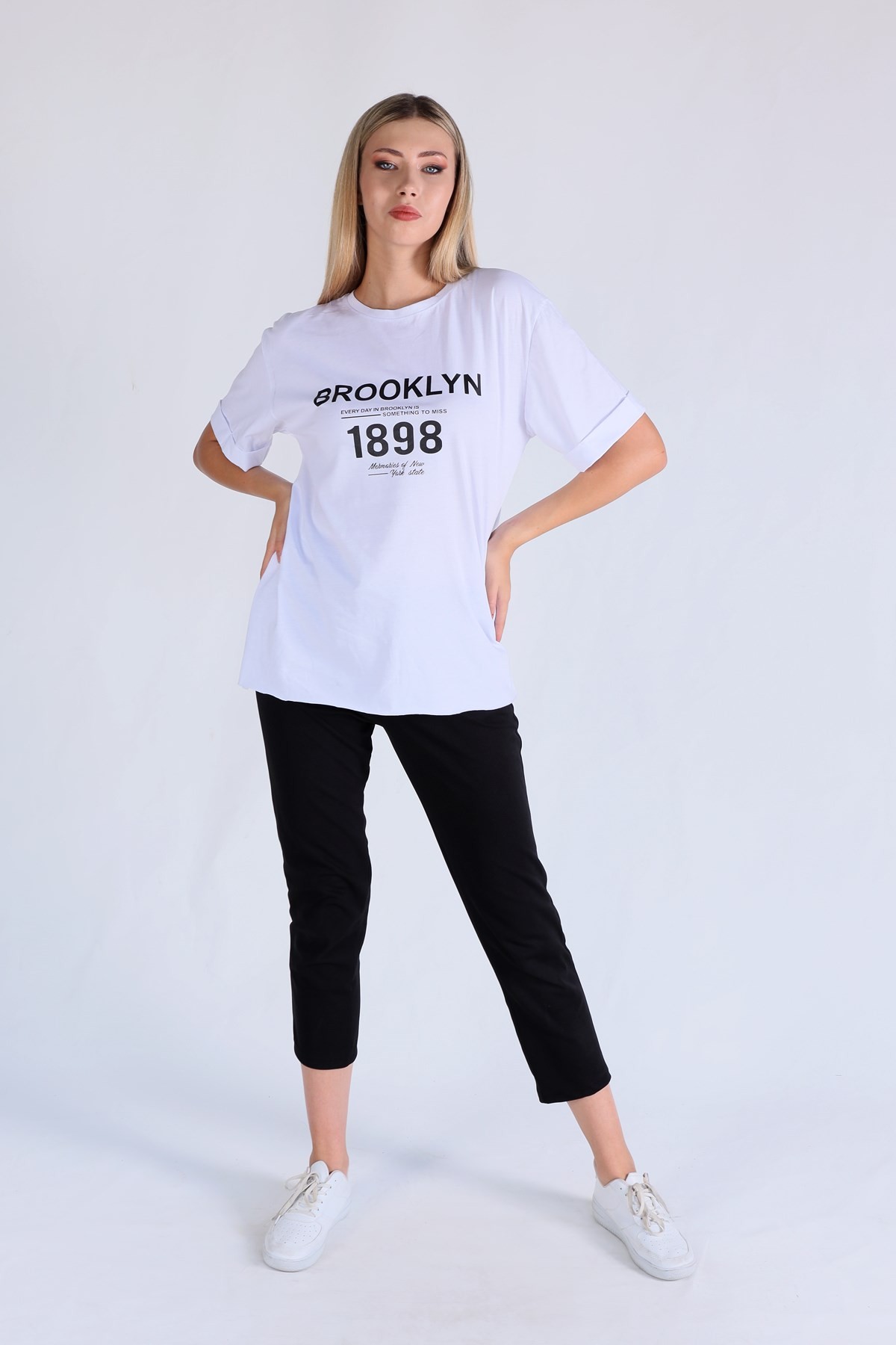 Beyaz Brooklyn Baskı Oversize Tişört 5129
