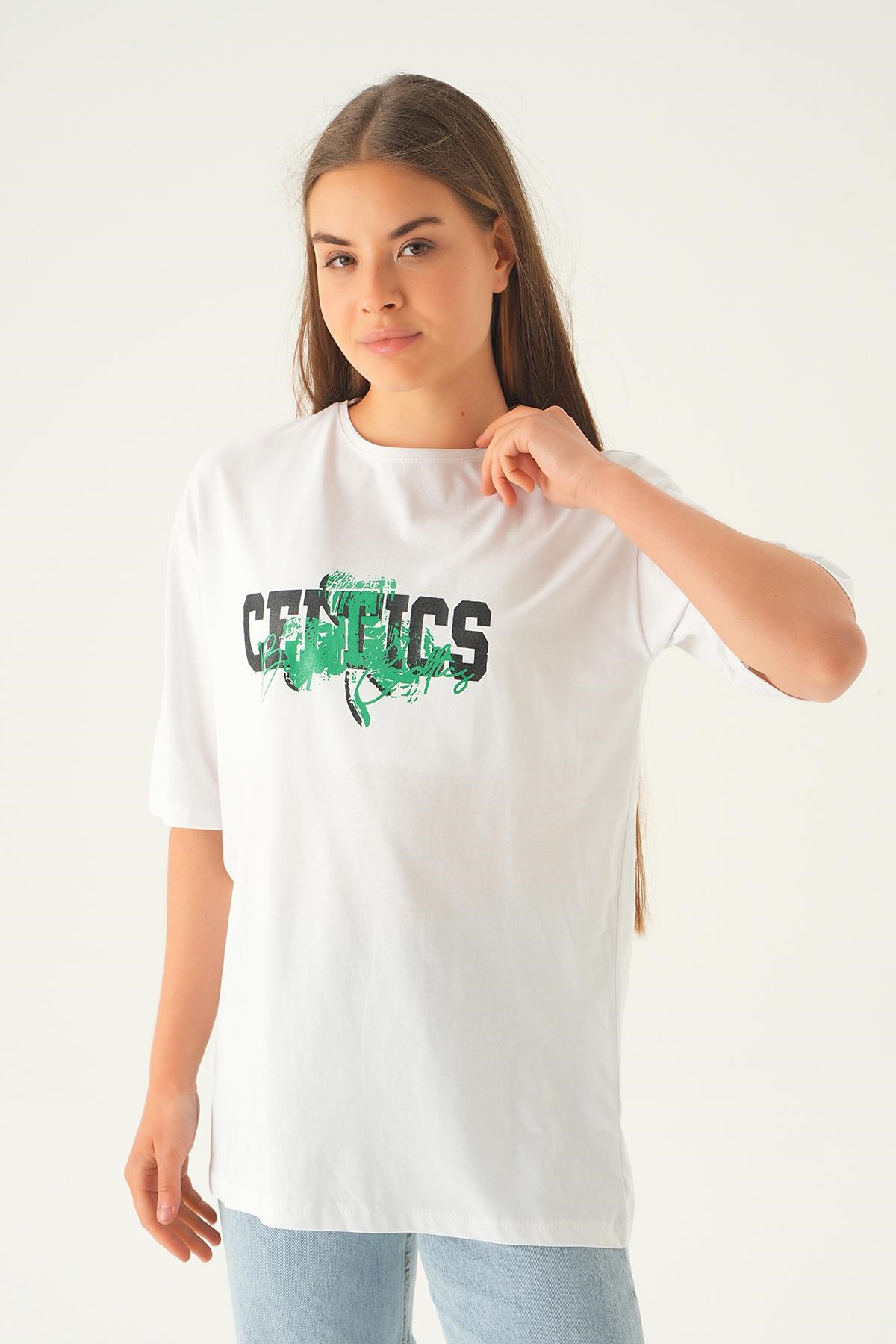 Beyaz Celtıcs Baskı Oversize Tişört 1701