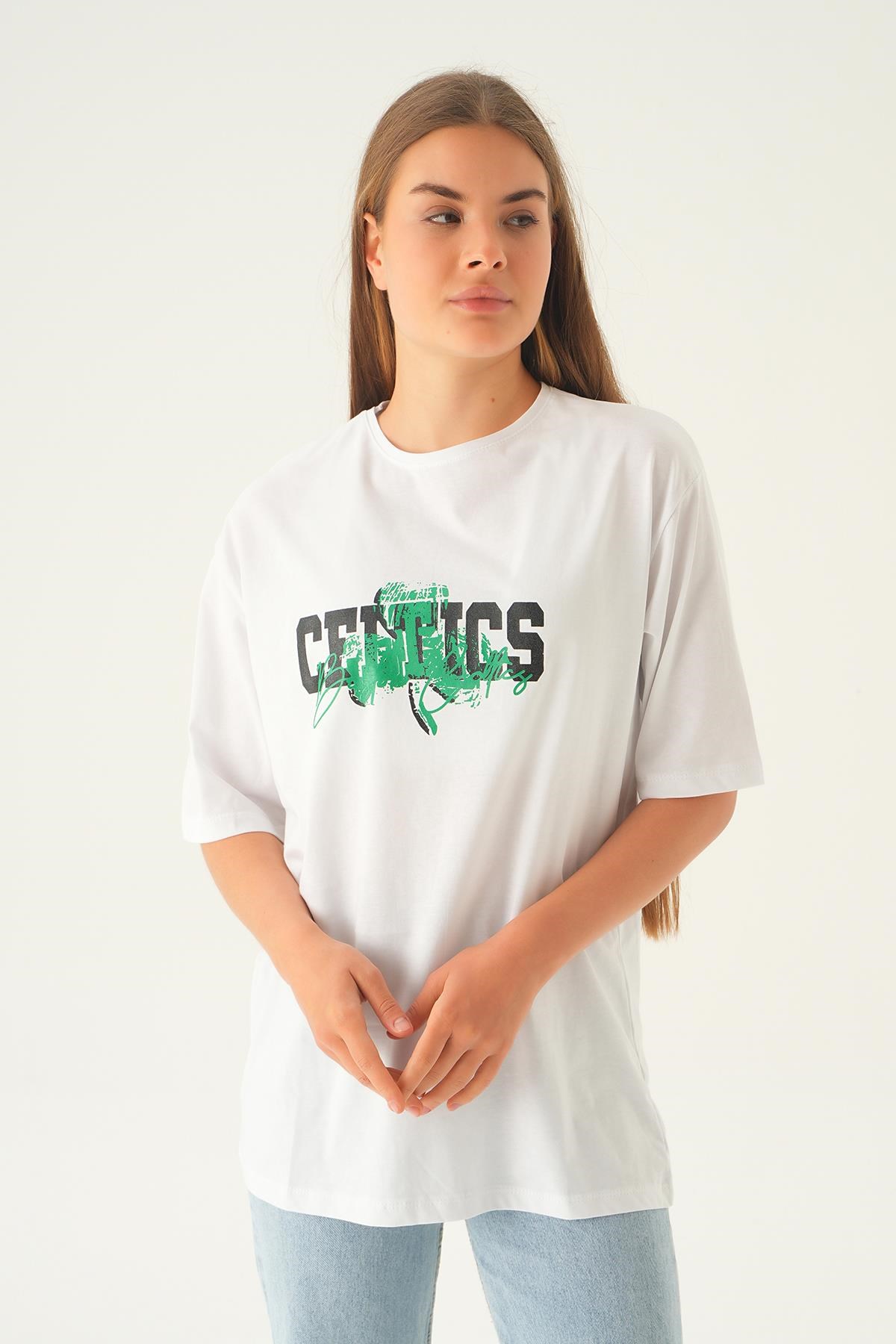 Beyaz Celtıcs Baskı Oversize Tişört 1701