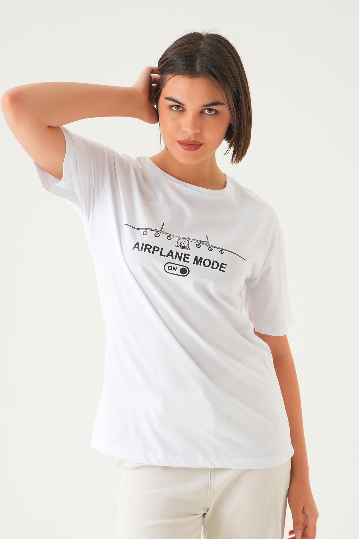 Beyaz Mode On Baskı Oversize Tişört 1721
