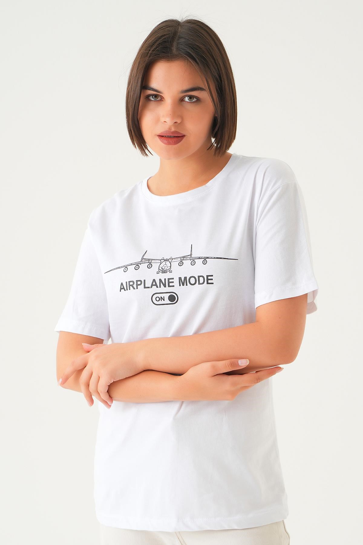 Beyaz Mode On Baskı Oversize Tişört 1721