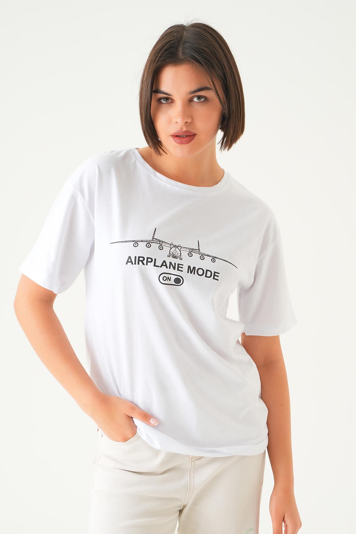 Beyaz Mode On Baskı Oversize Tişört 1721