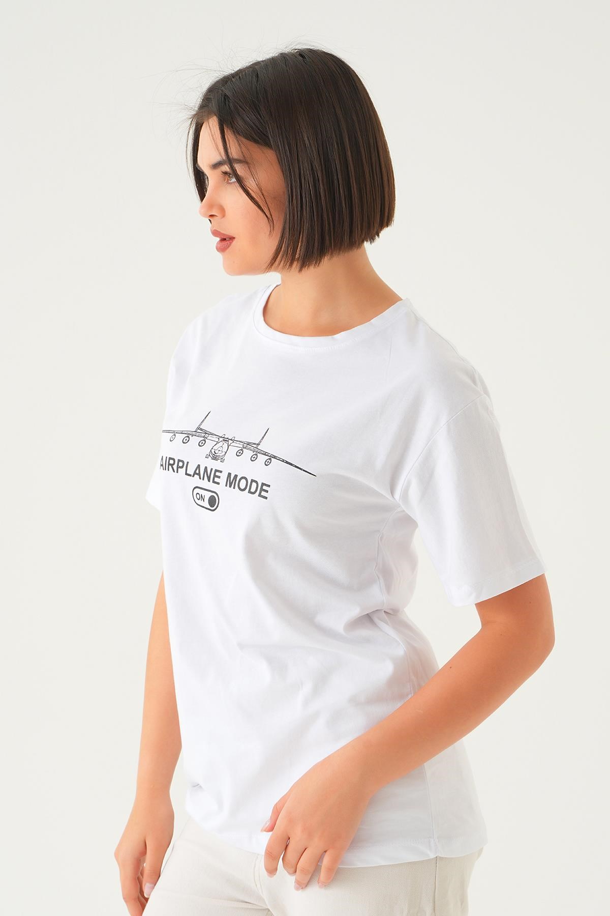 Beyaz Mode On Baskı Oversize Tişört 1721