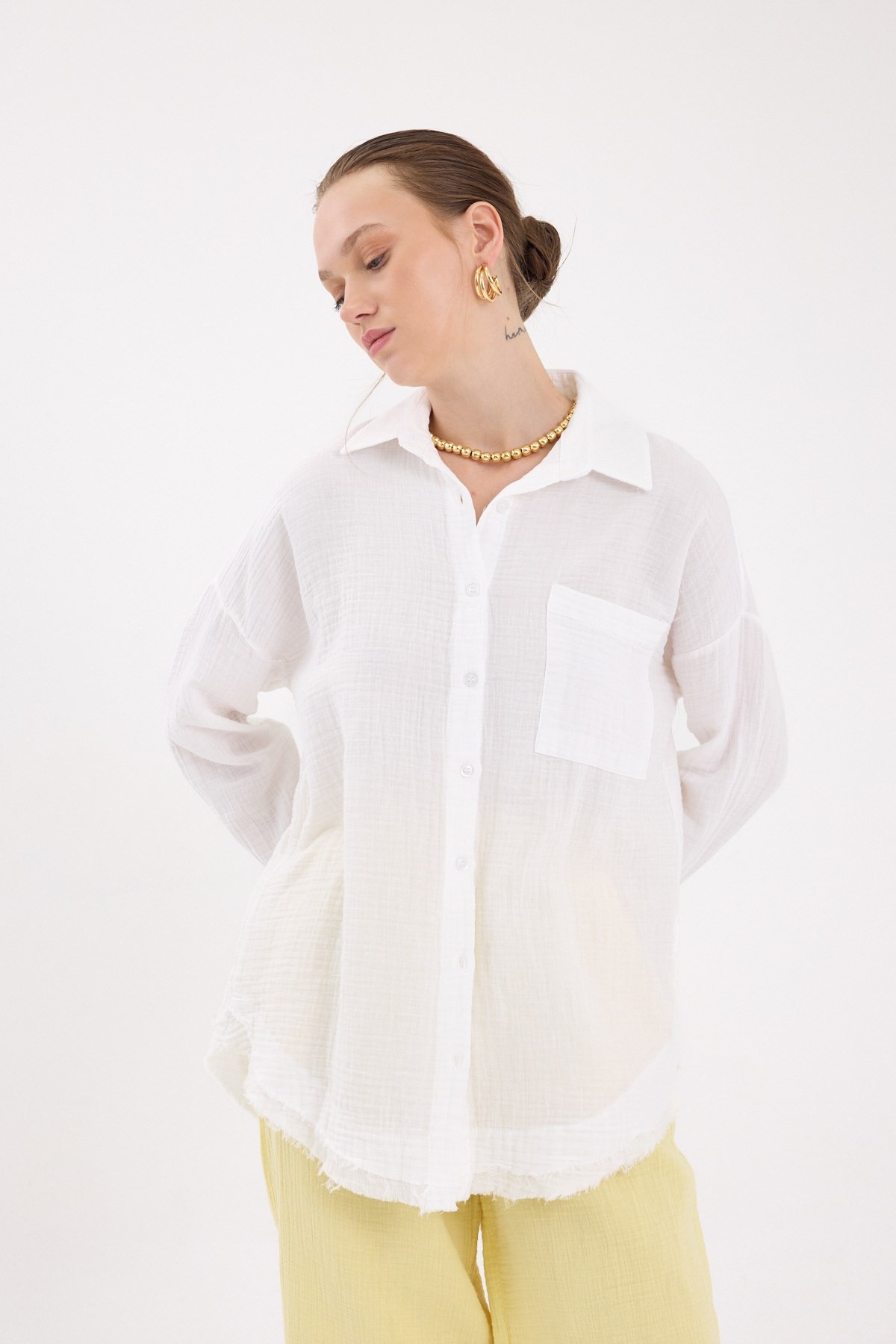 Beyaz Oversize %100 Pamuk Müslin Gömlek 4786A