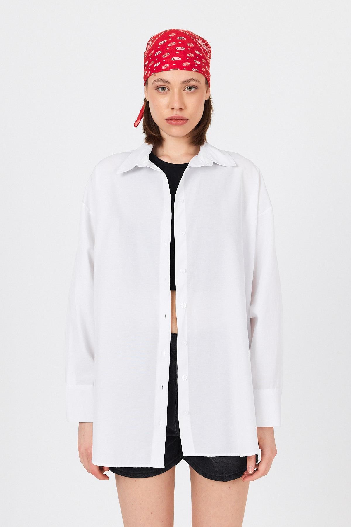 Beyaz Oversize Basic Uzun Gömlek 4664A