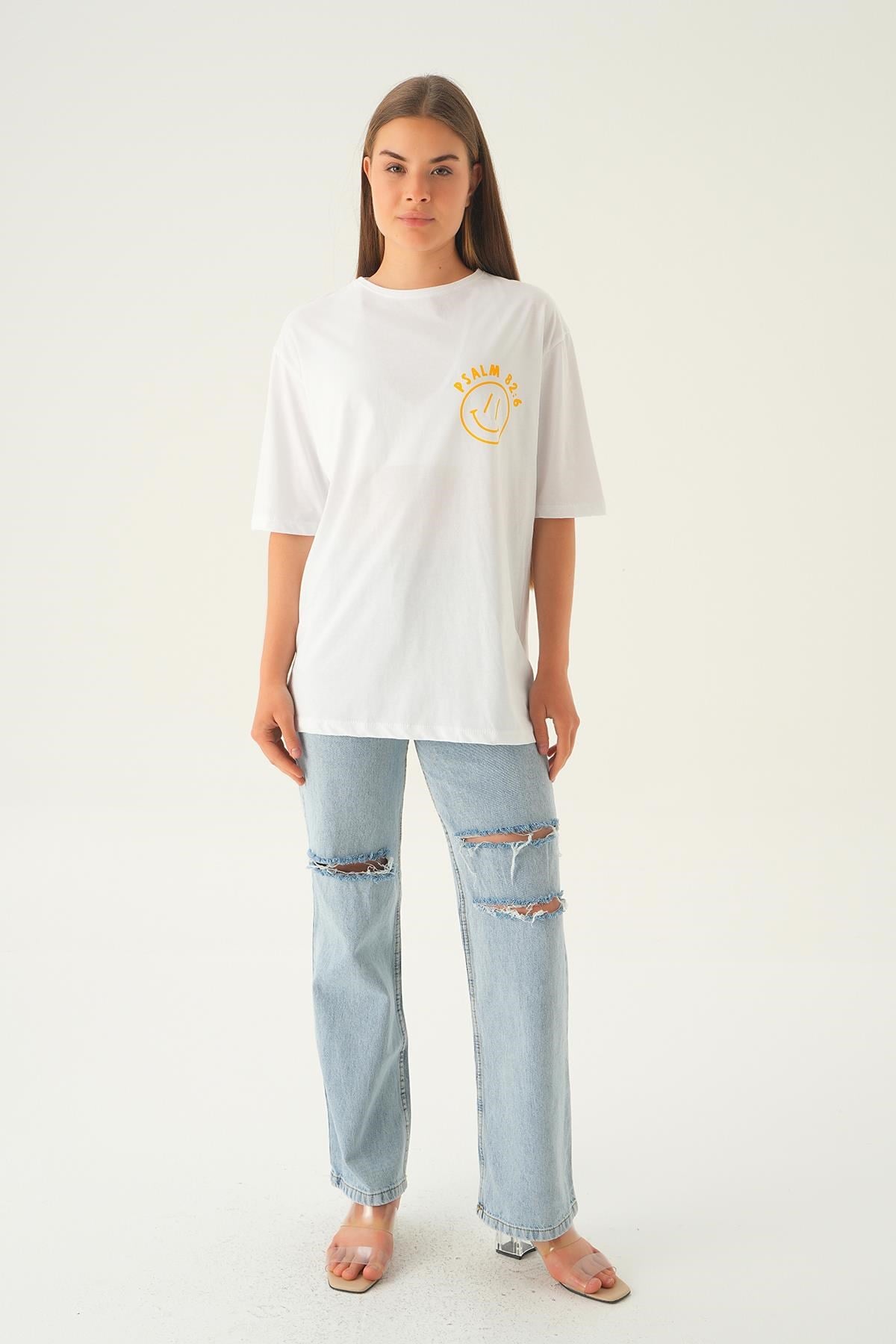 Beyaz Psalm Baskı Oversize Tişört 1702