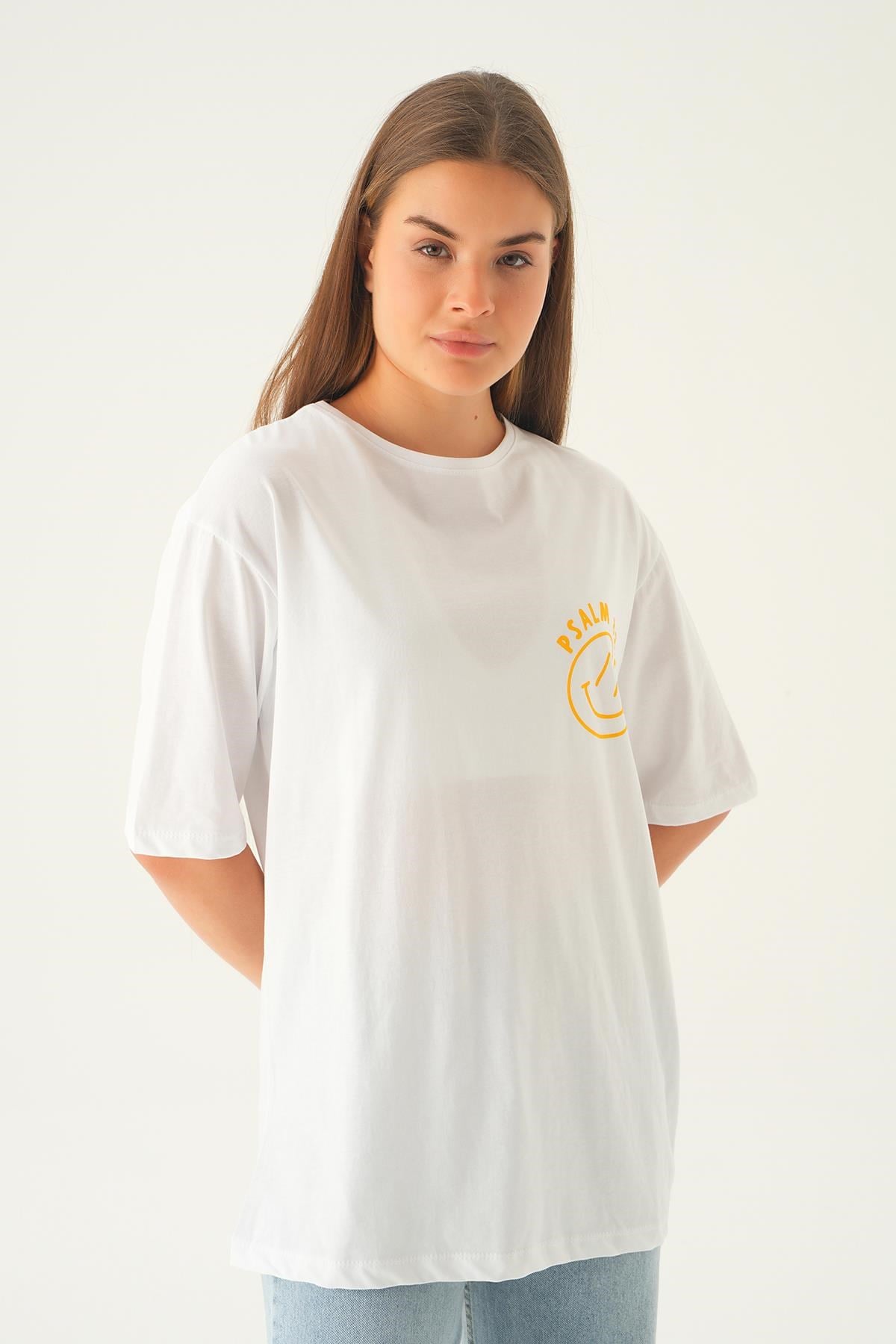 Beyaz Psalm Baskı Oversize Tişört 1702