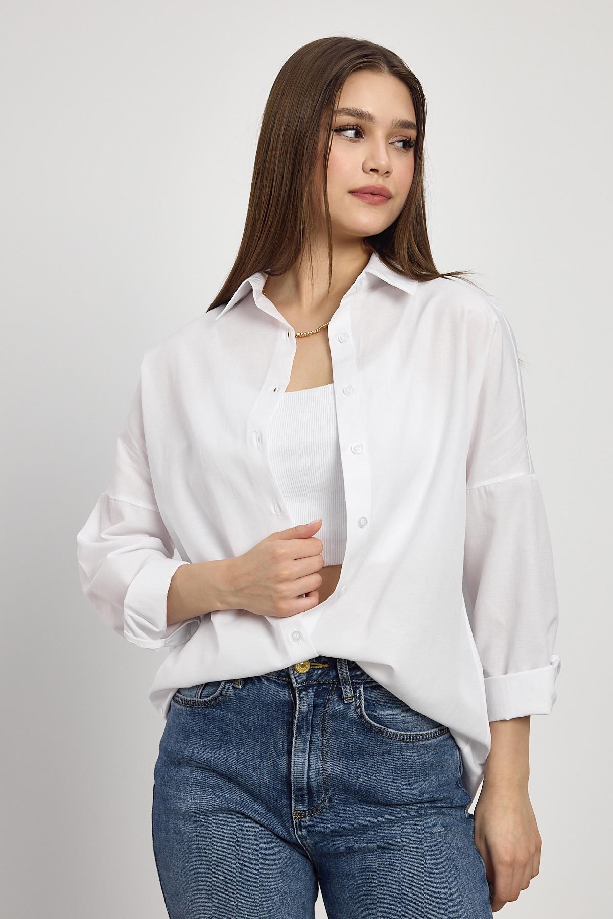 Beyaz Relaxed Fit Rahat Kesim Basic Gömlek - 6621A