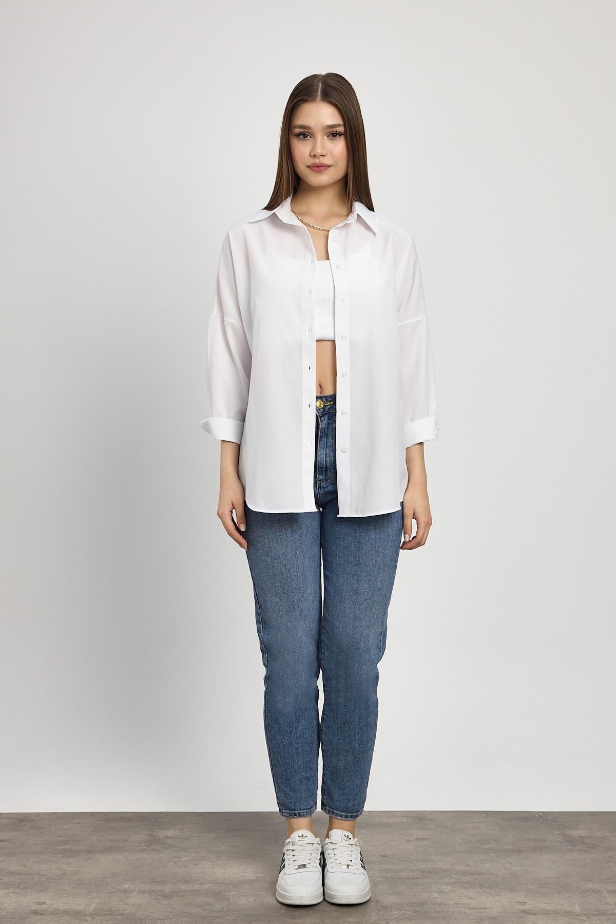 Beyaz Relaxed Fit Rahat Kesim Basic Gömlek - 6621A