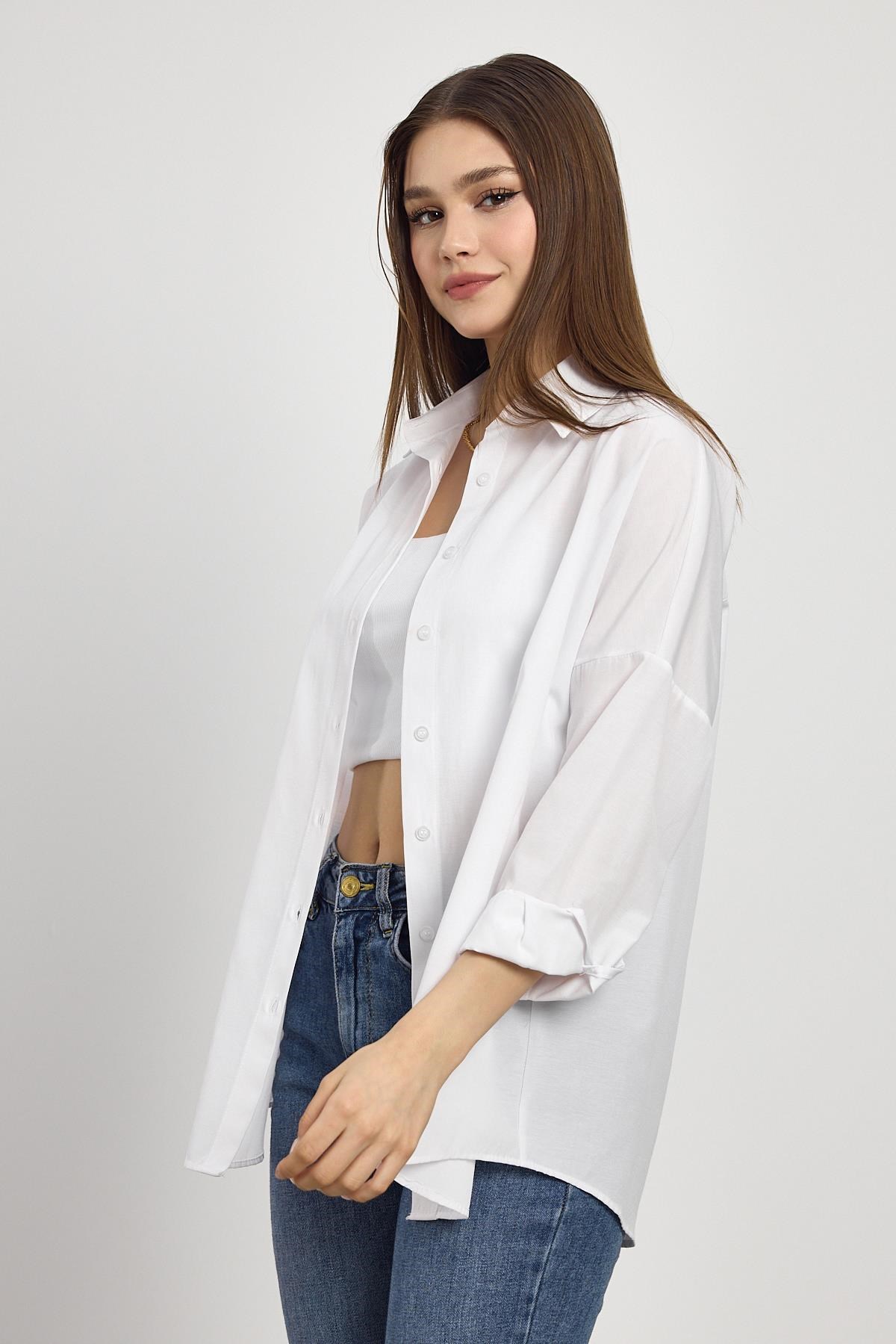 Beyaz Relaxed Fit Rahat Kesim Basic Gömlek - 6621A