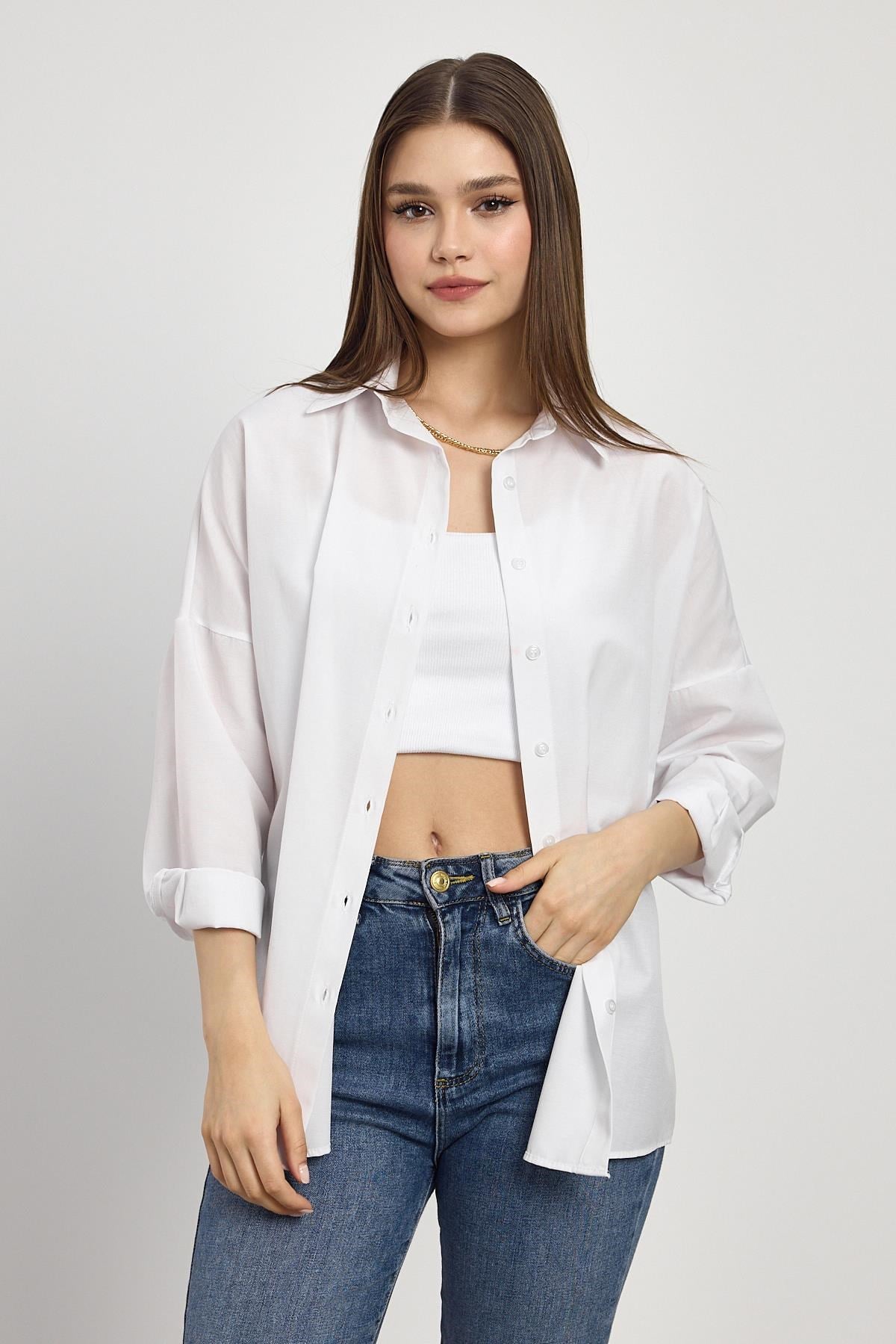 Beyaz Relaxed Fit Rahat Kesim Basic Gömlek - 6621A