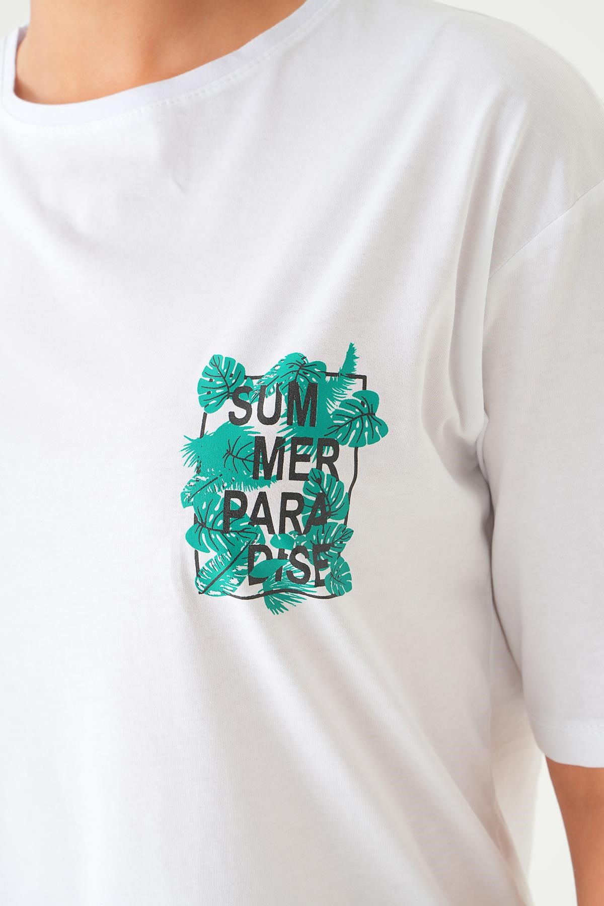 Beyaz Summer Baskı Oversize Tişört 1710