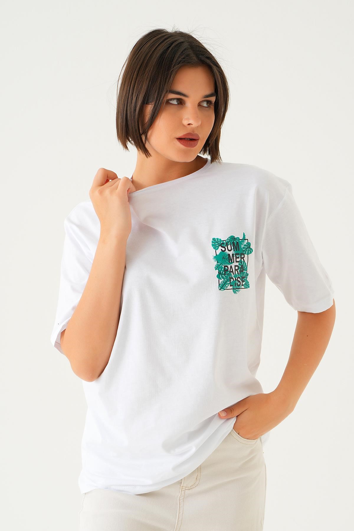 Beyaz Summer Baskı Oversize Tişört 1710