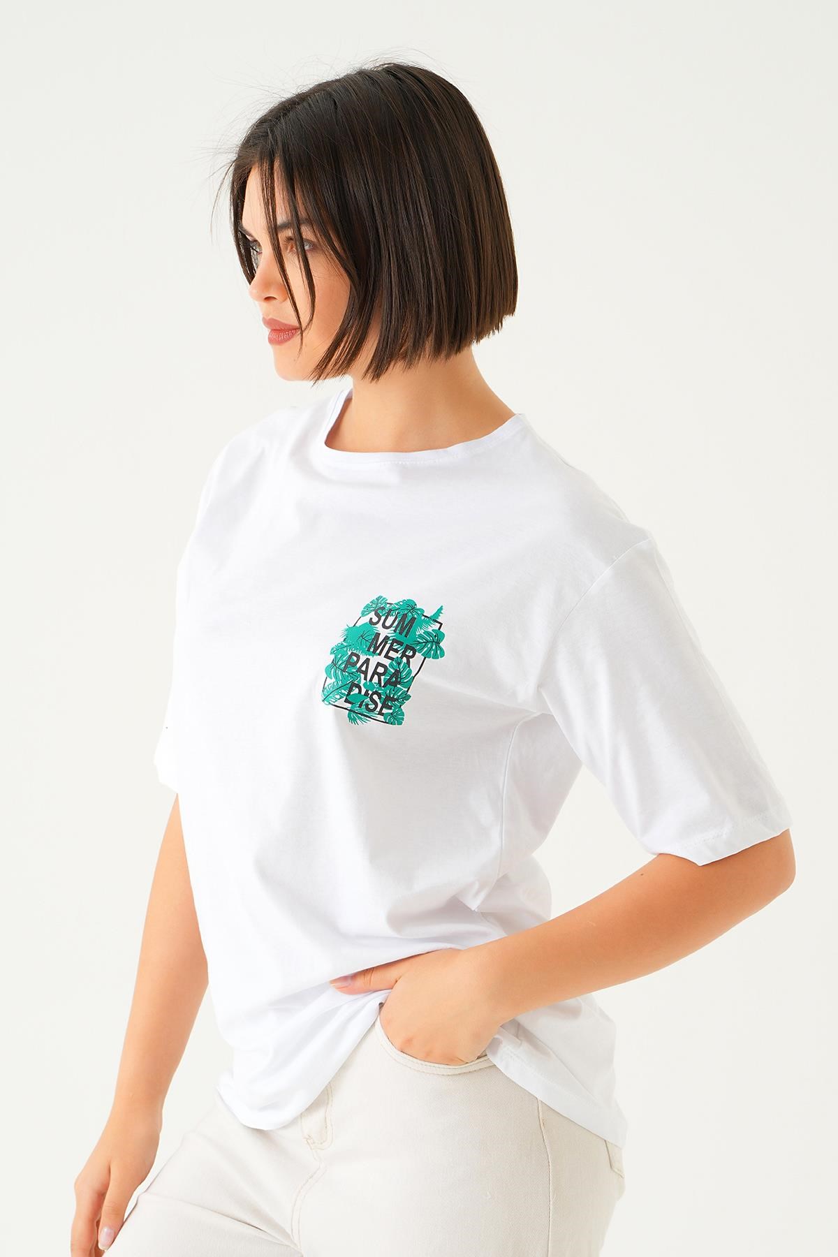 Beyaz Summer Baskı Oversize Tişört 1710
