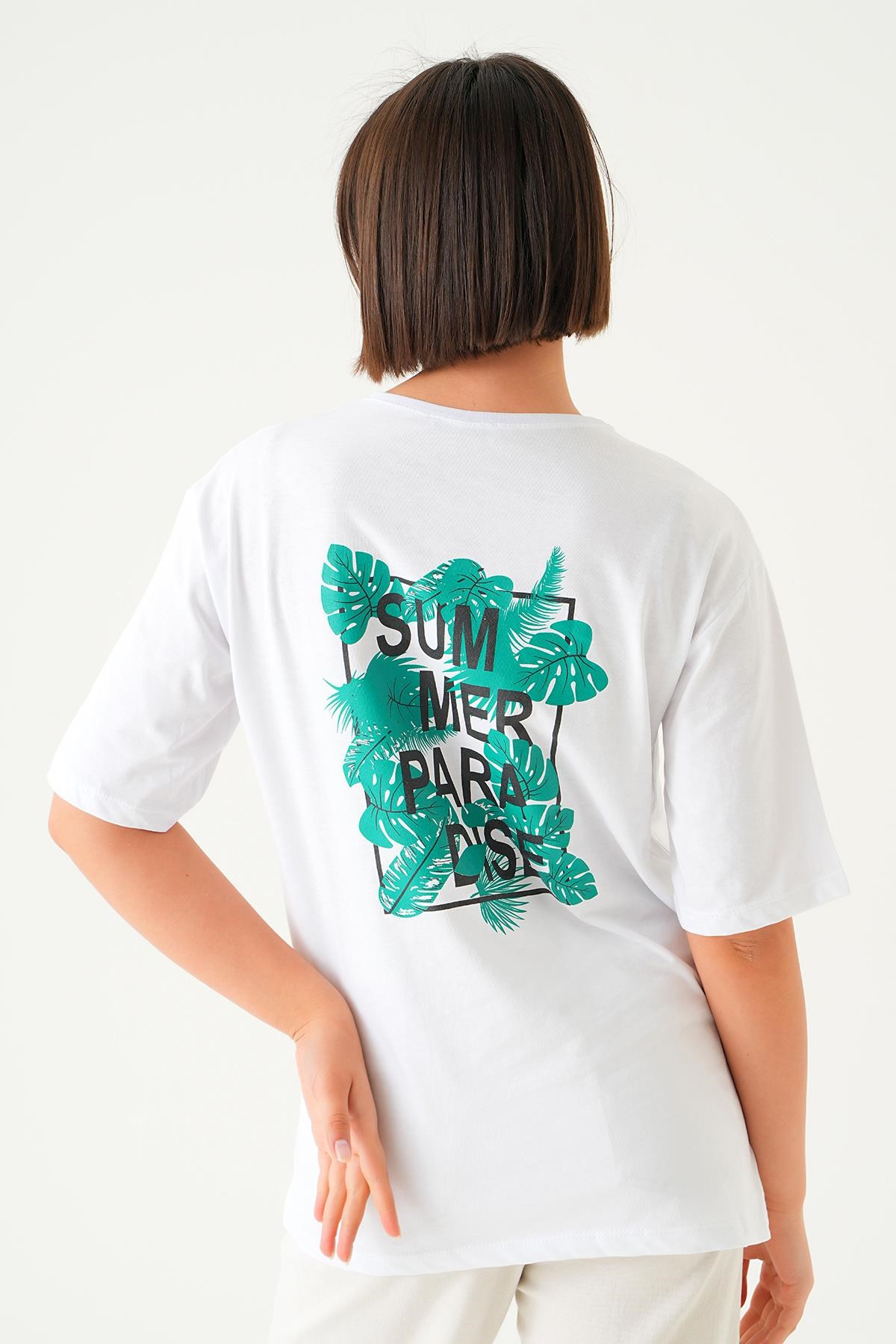Beyaz Summer Baskı Oversize Tişört 1710