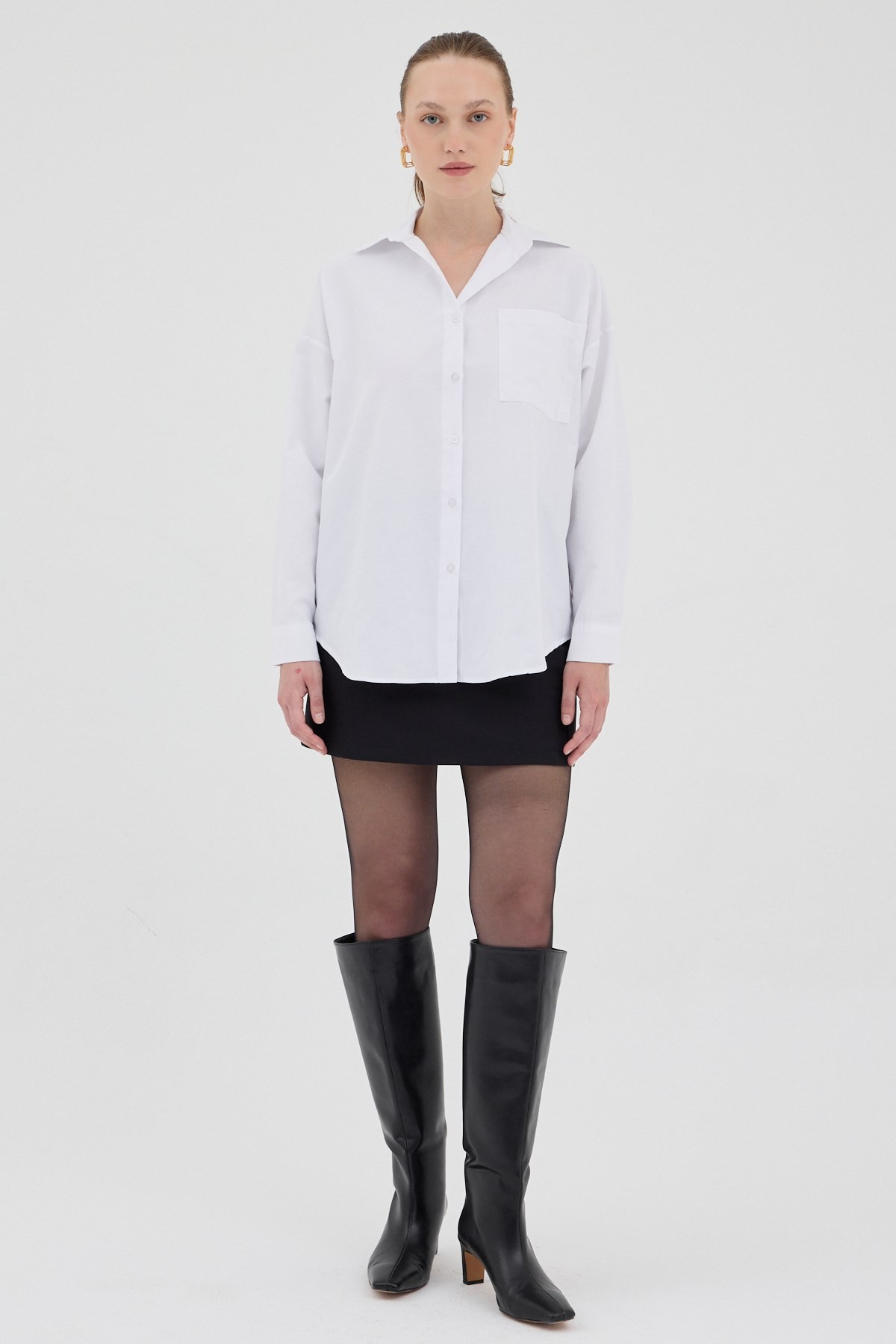 Beyaz Tek Cepli Oversize Gömlek 8158A