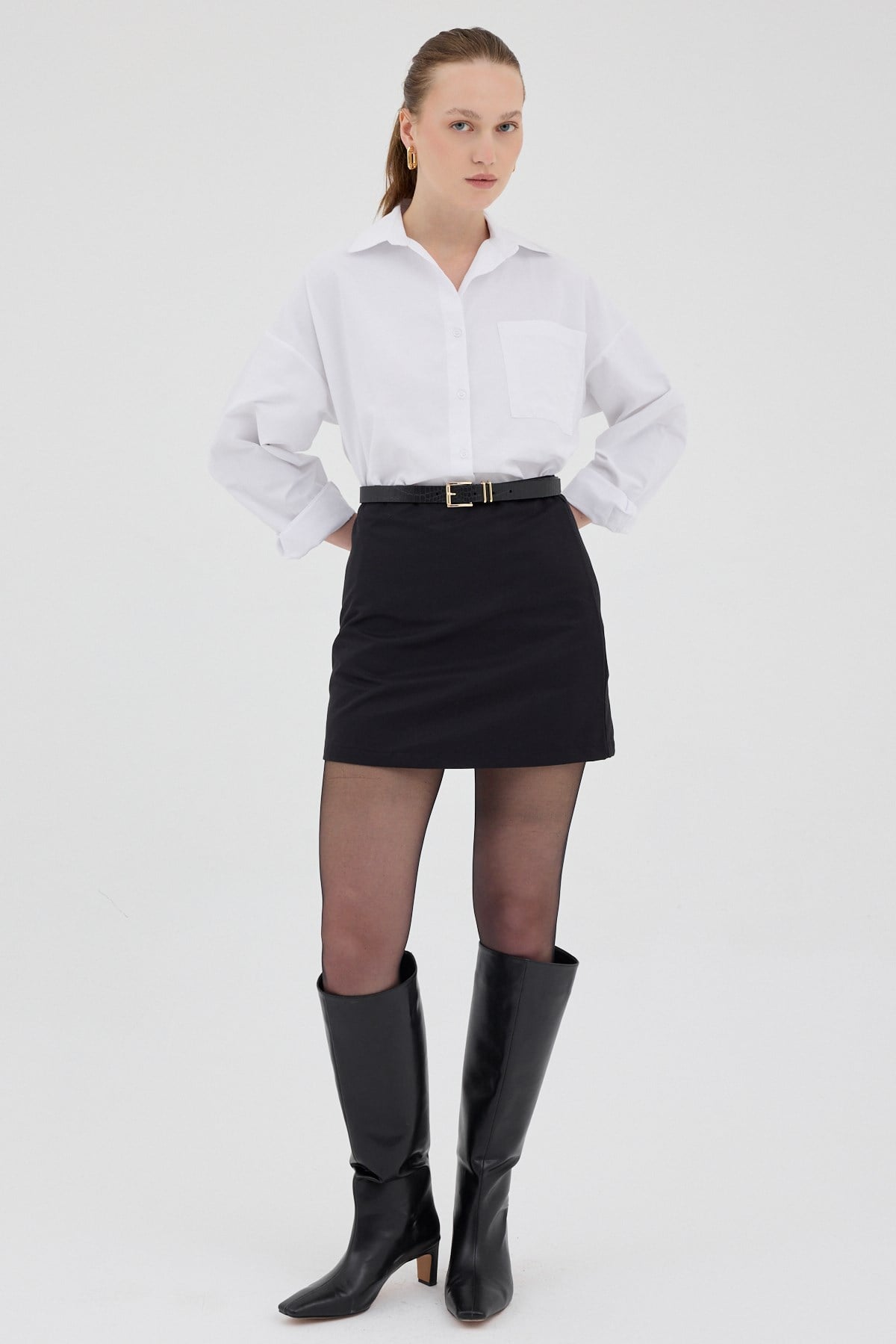 Beyaz Tek Cepli Oversize Gömlek 8158A