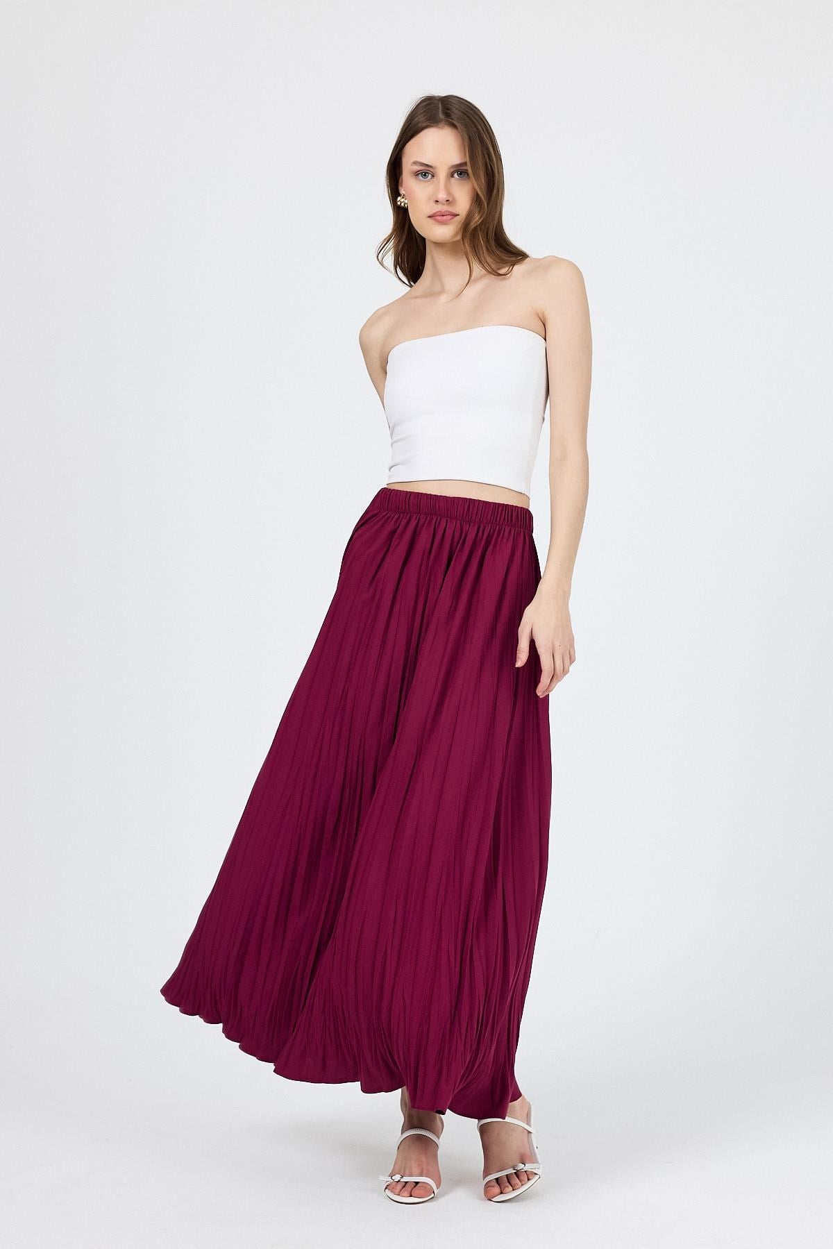 Bordo Beli Lastikli Kırışık Kumaş Etek 4692A