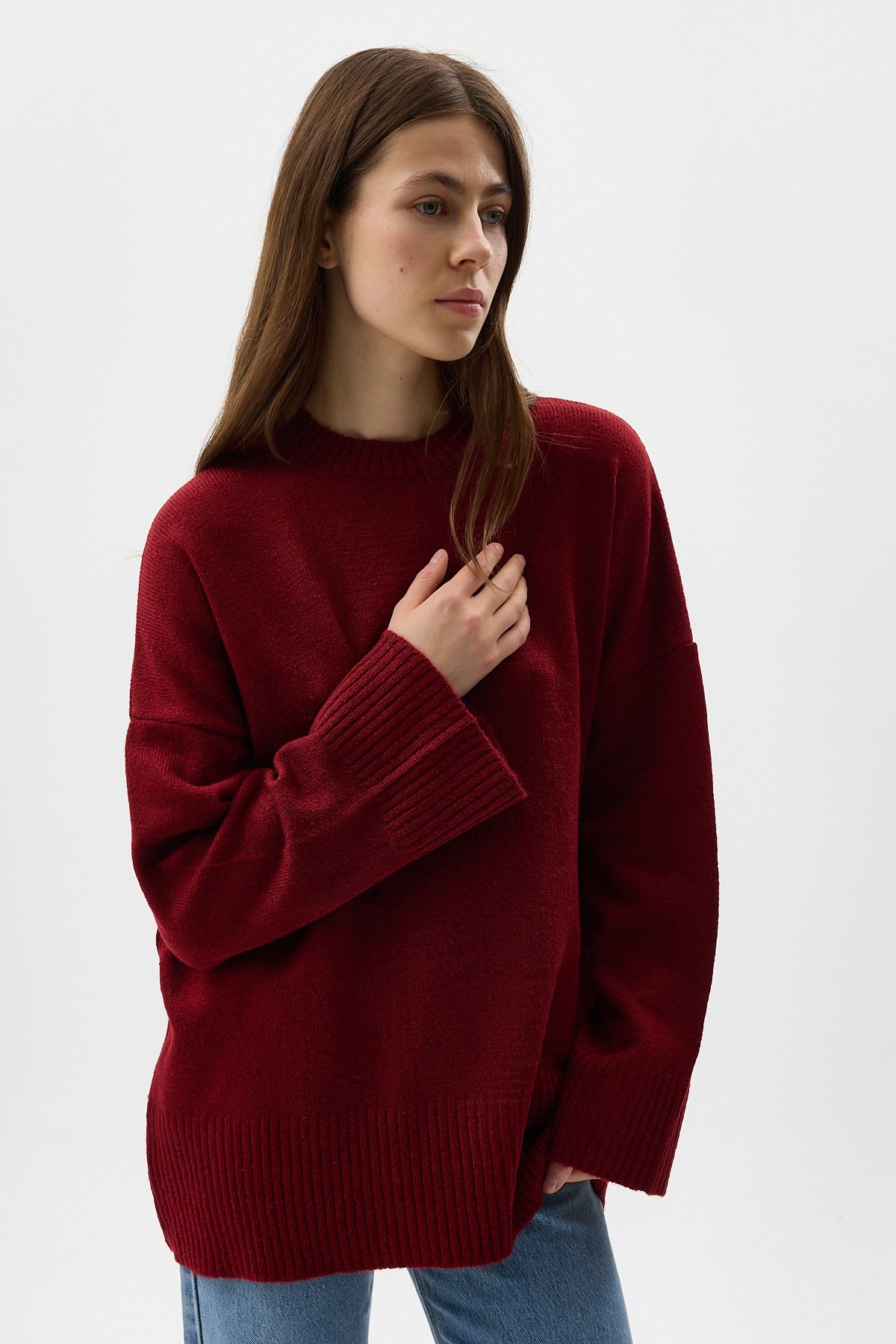 Bordo Bisiklet Yaka Oversize Kadın Kazak 2450
