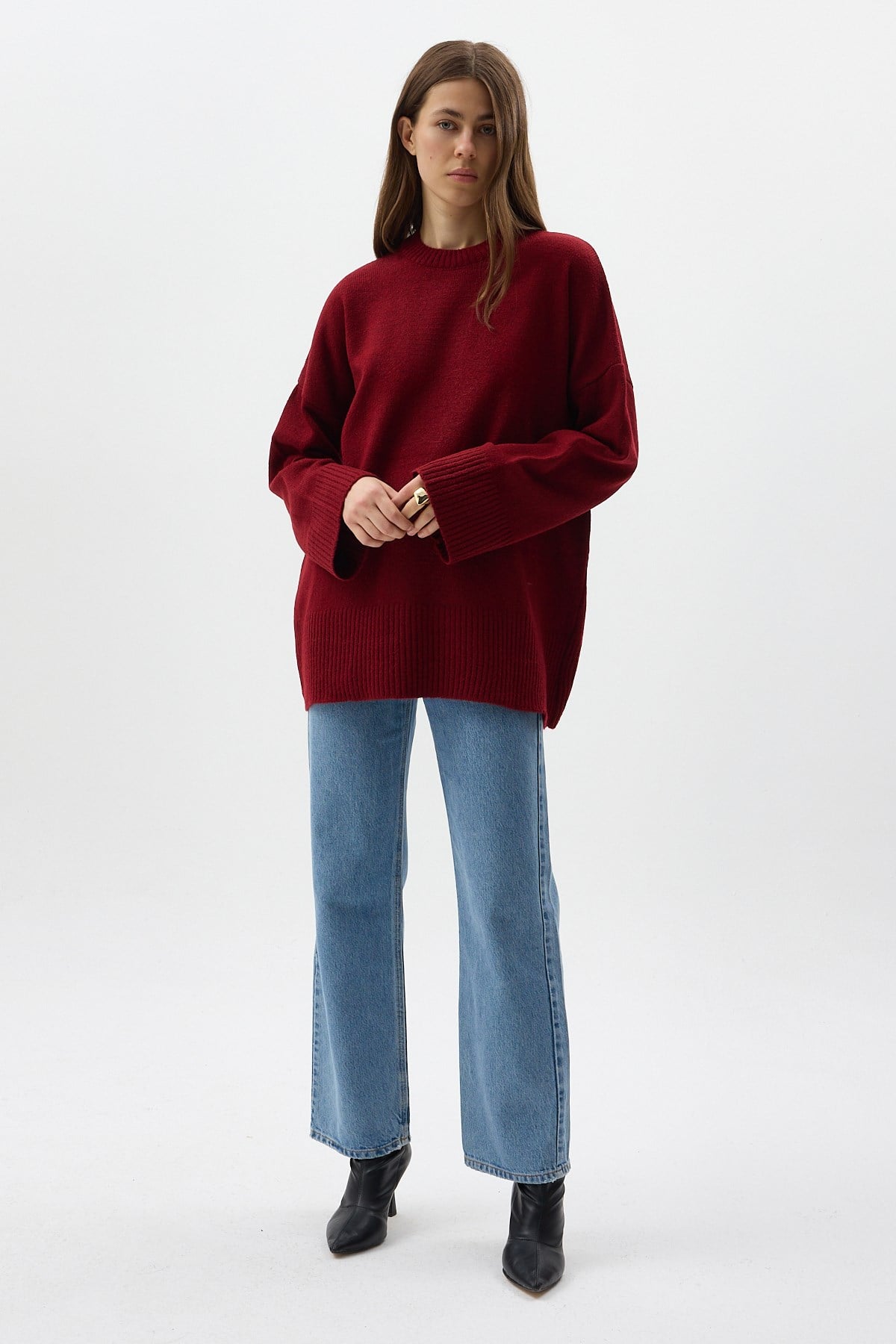 Bordo Bisiklet Yaka Oversize Kadın Kazak 2450