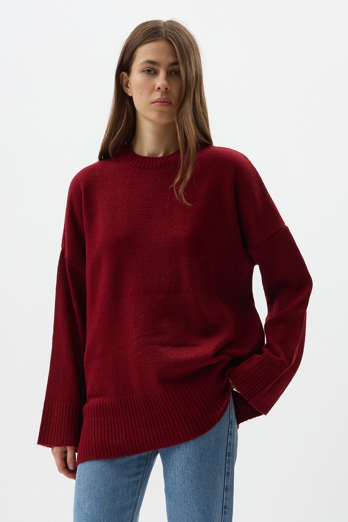 Bordo Bisiklet Yaka Oversize Kadın Kazak 2450