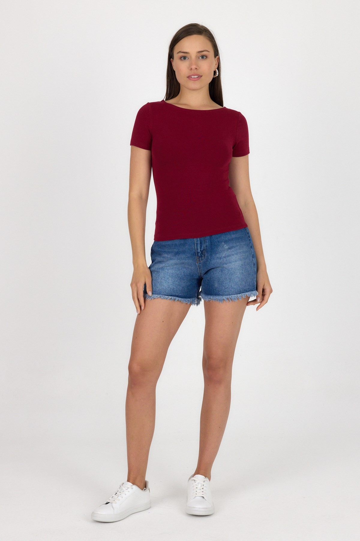 Bordo Bisiklet Yaka Viskoz/Yumuşak Kumaş Tişört 1469