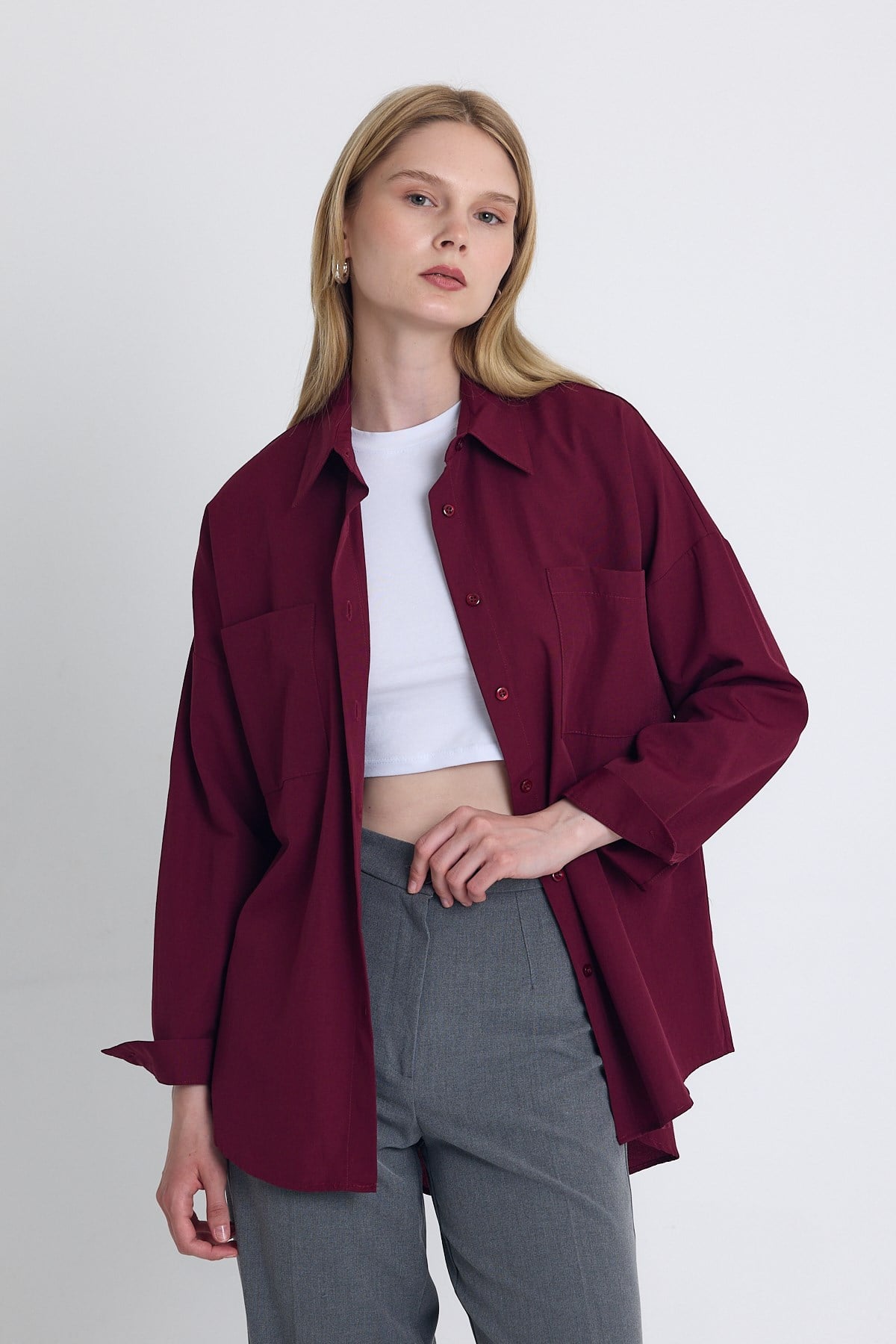 Bordo Çift Cepli Oversize Uzun Basic Gömlek TCR 6256A