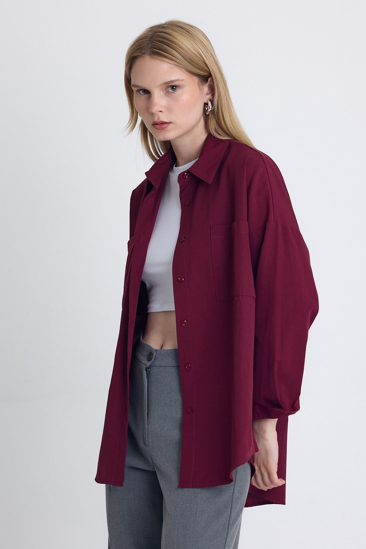 Bordo Çift Cepli Oversize Uzun Basic Gömlek TCR 6256A