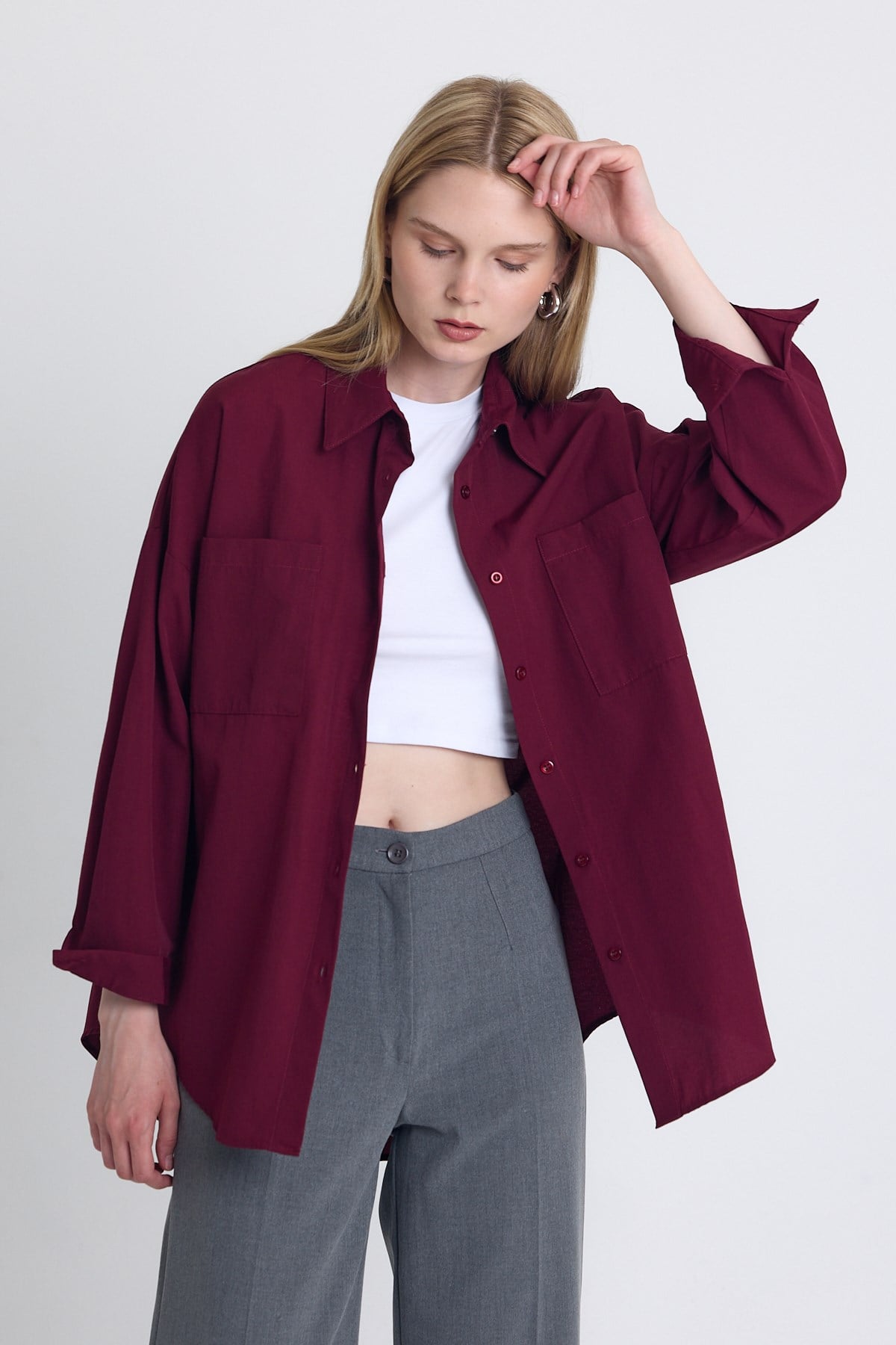 Bordo Çift Cepli Oversize Uzun Basic Gömlek TCR 6256A