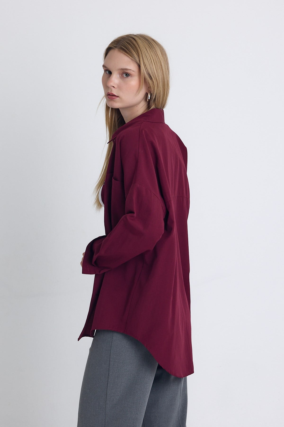 Bordo Çift Cepli Oversize Uzun Basic Gömlek TCR 6256A