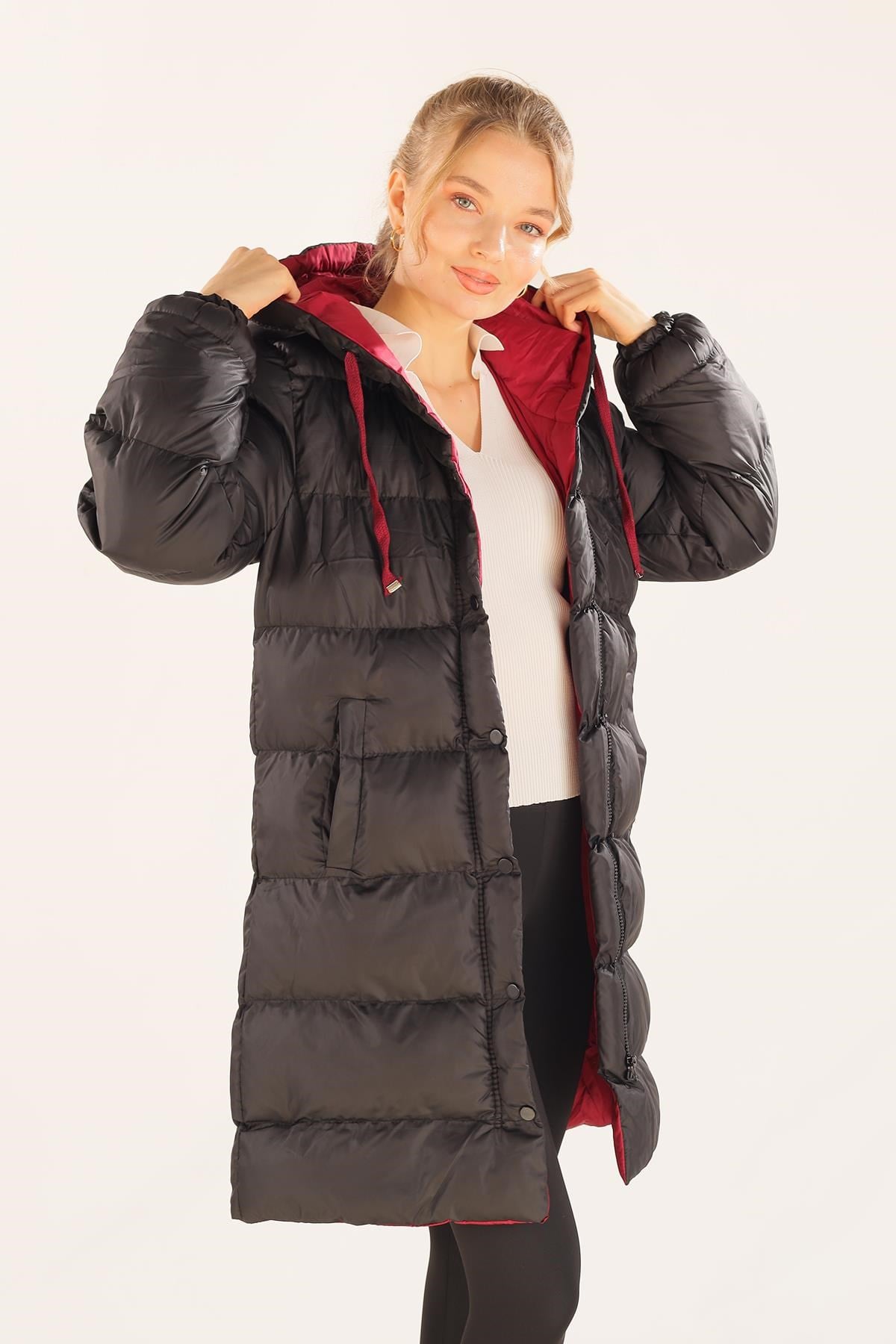Bordo Çift Renkli Oversize Mont 0021-1
