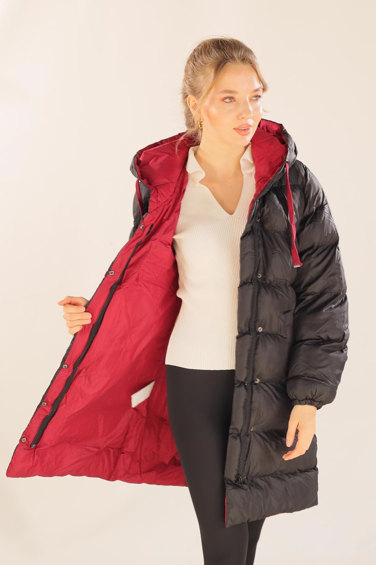 Bordo Çift Renkli Oversize Mont 0021-1