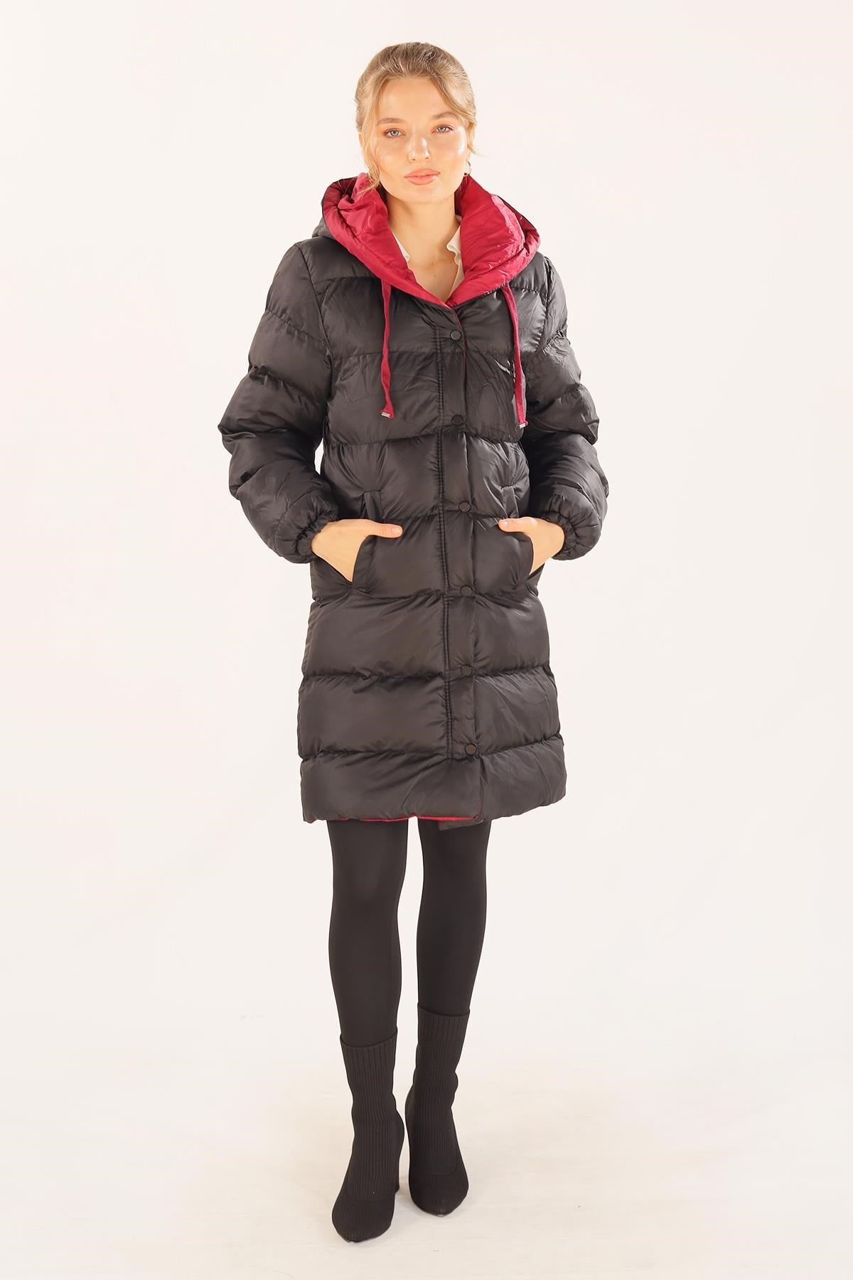 Bordo Çift Renkli Oversize Mont 0021-1