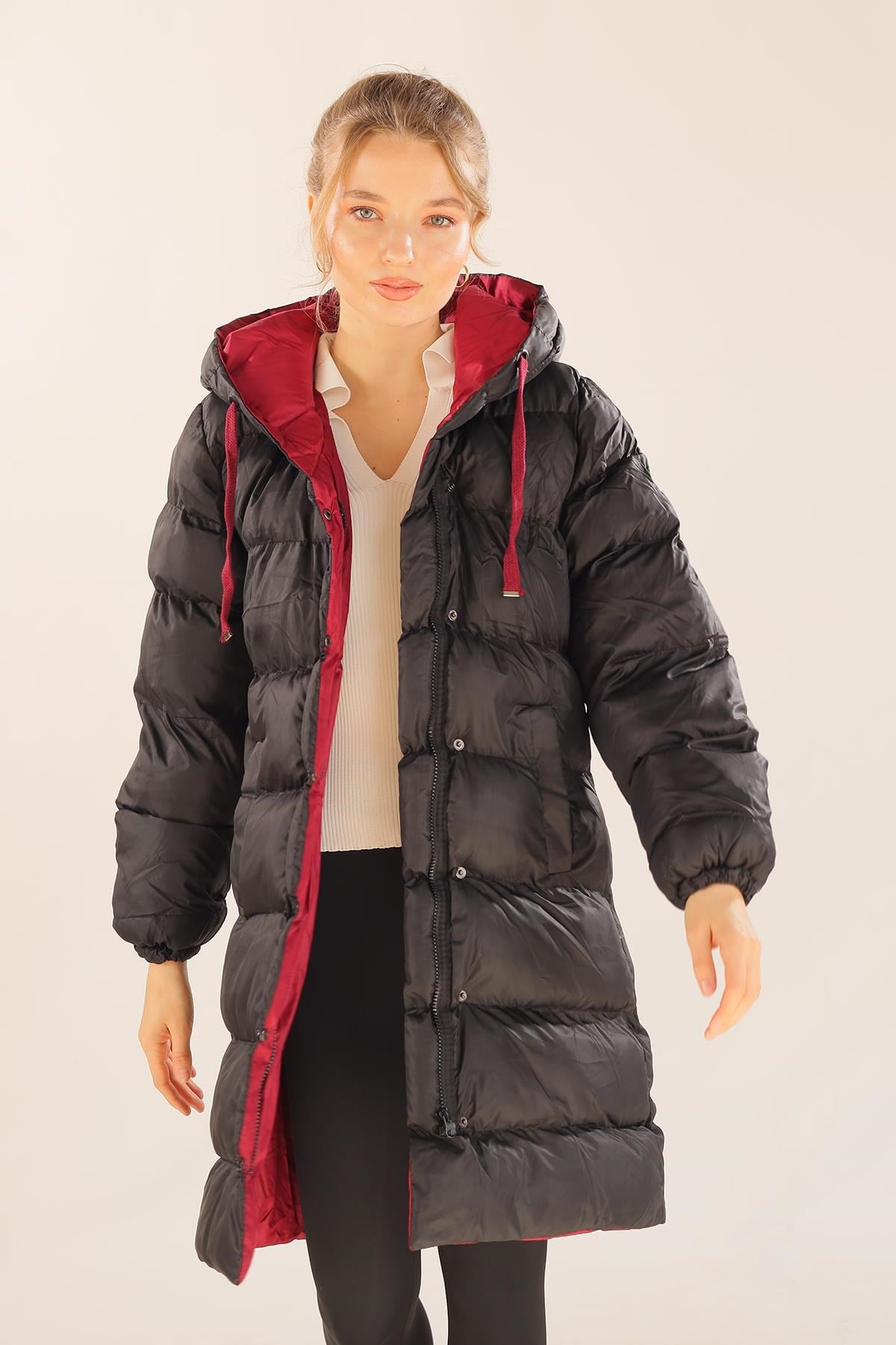Bordo Çift Renkli Oversize Mont 0021-1