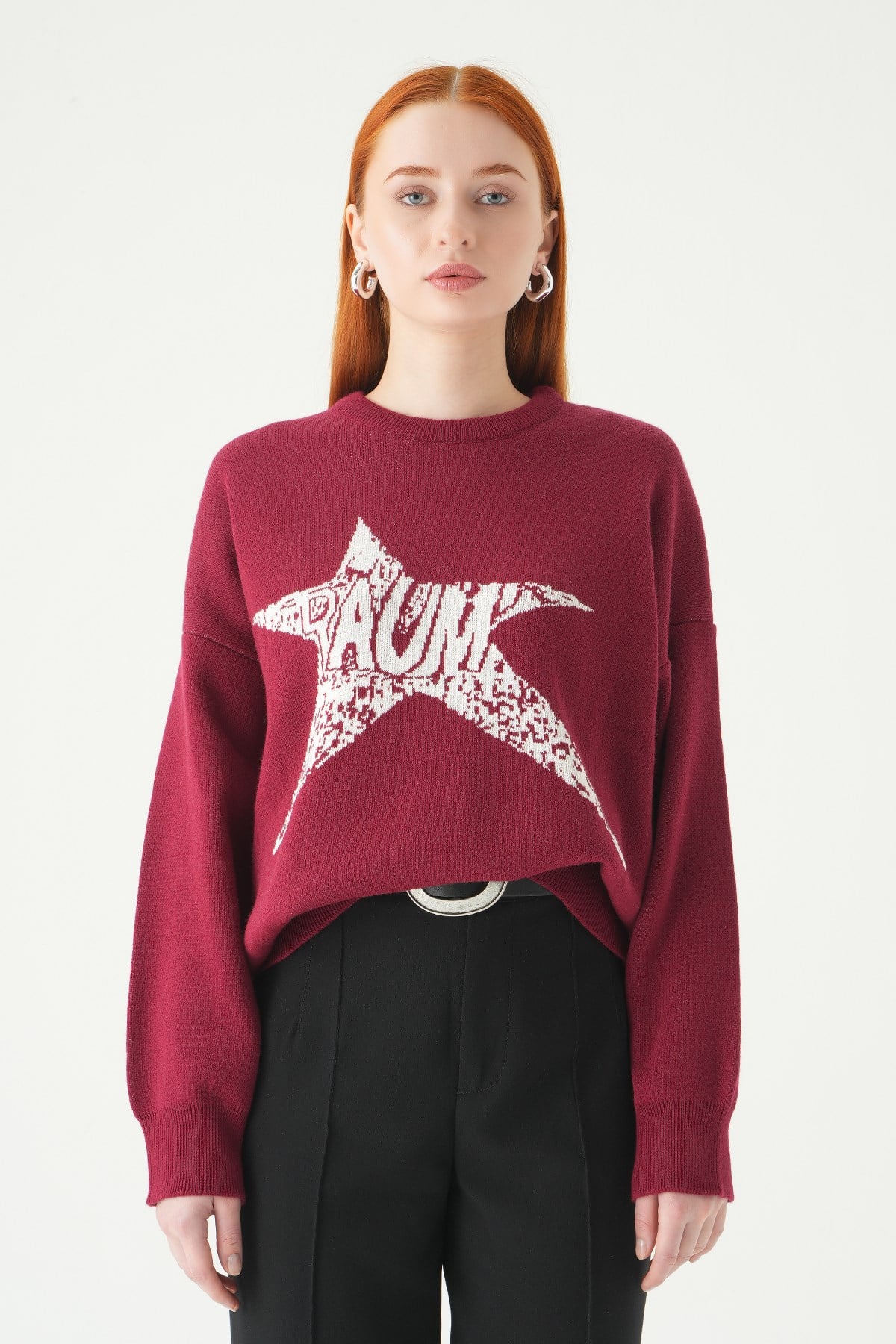 Bordo-Ekru Yıldız Baskılı Oversize Kazak 2474