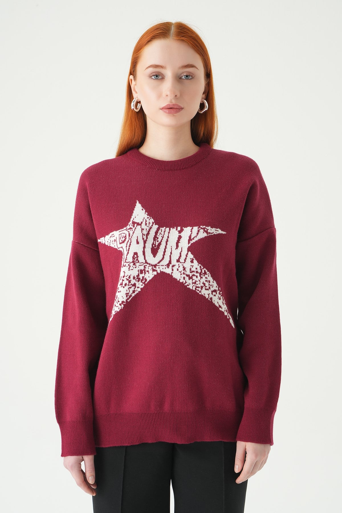 Bordo-Ekru Yıldız Baskılı Oversize Kazak 2474