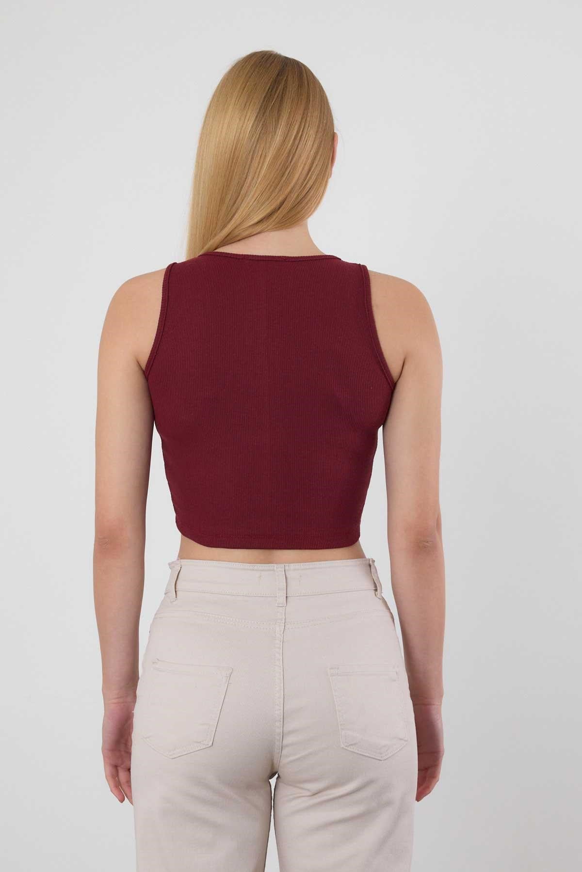 Bordo Fitilli Crop Kadın Atlet 1312