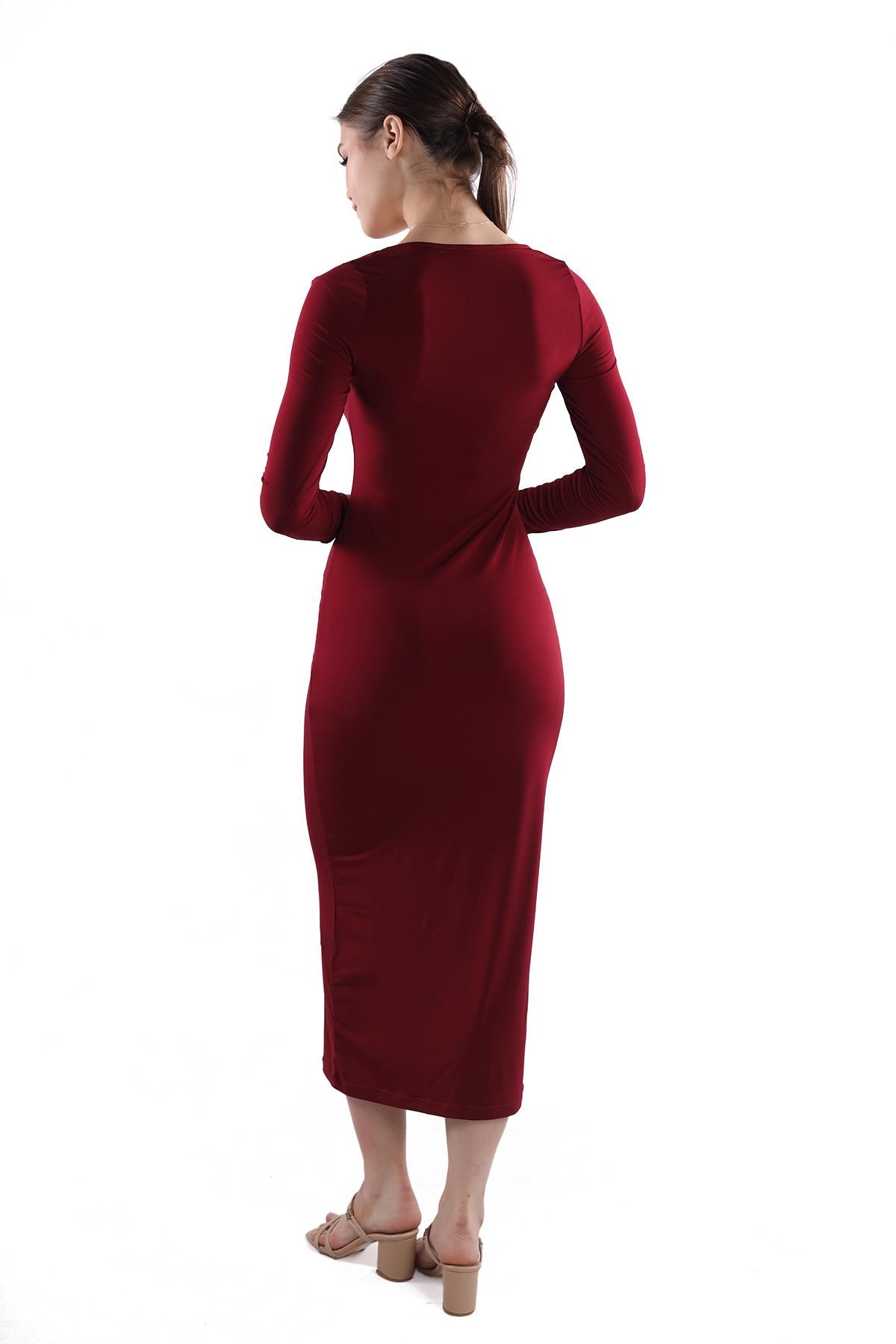 Bordo Kare Yaka Elbise 385