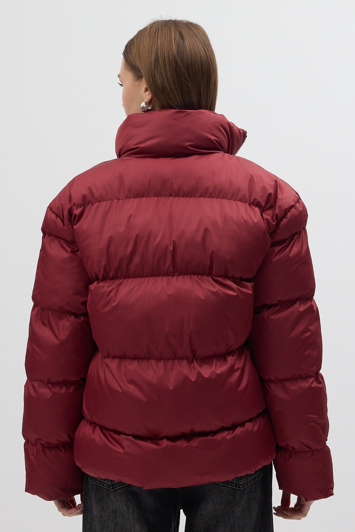Bordo Oversize Dik Yaka Şişme Mont 4010