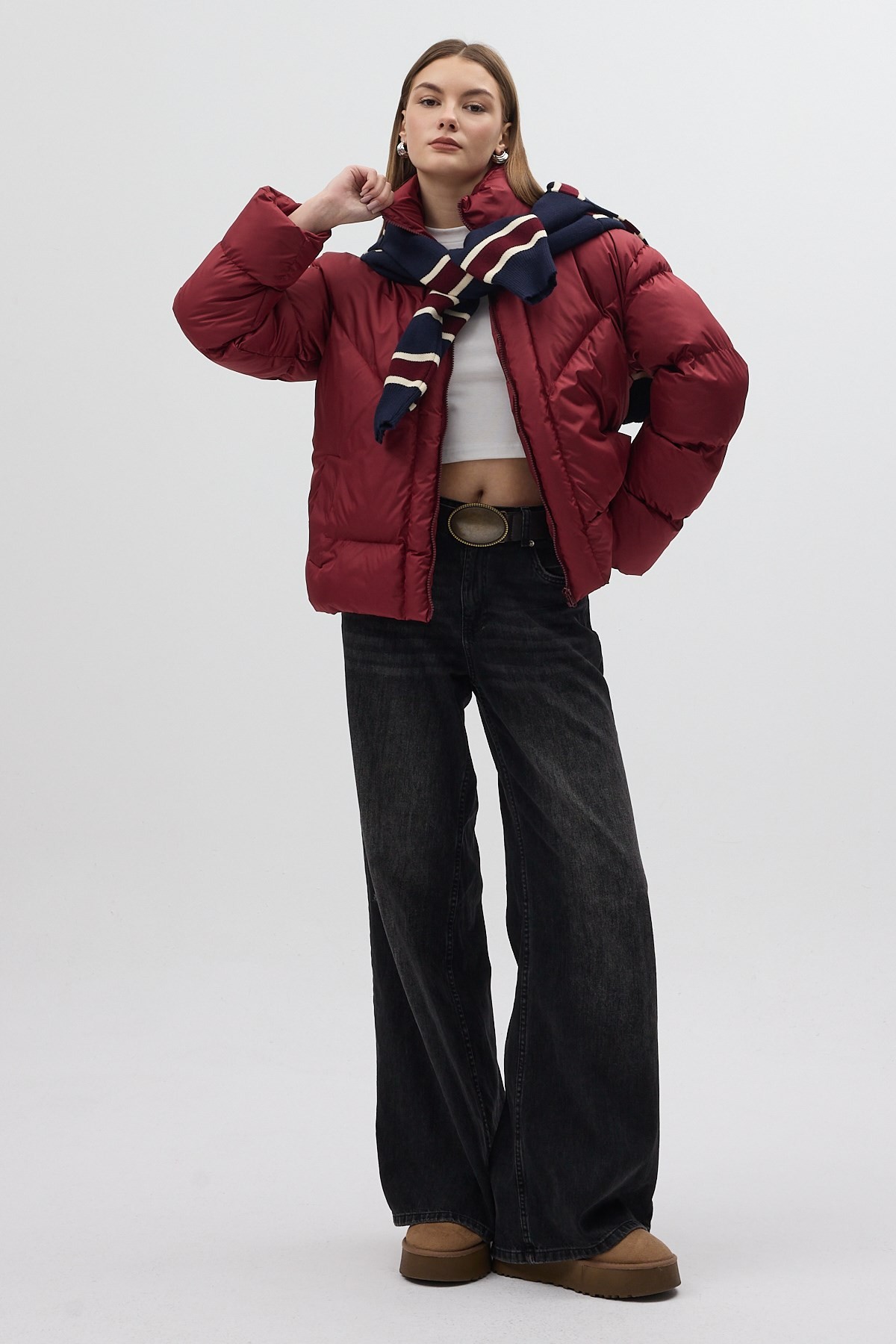 Bordo Oversize Dik Yaka Şişme Mont 4010