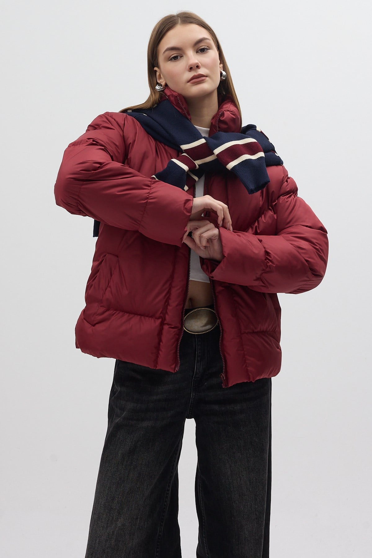 Bordo Oversize Dik Yaka Şişme Mont 4010