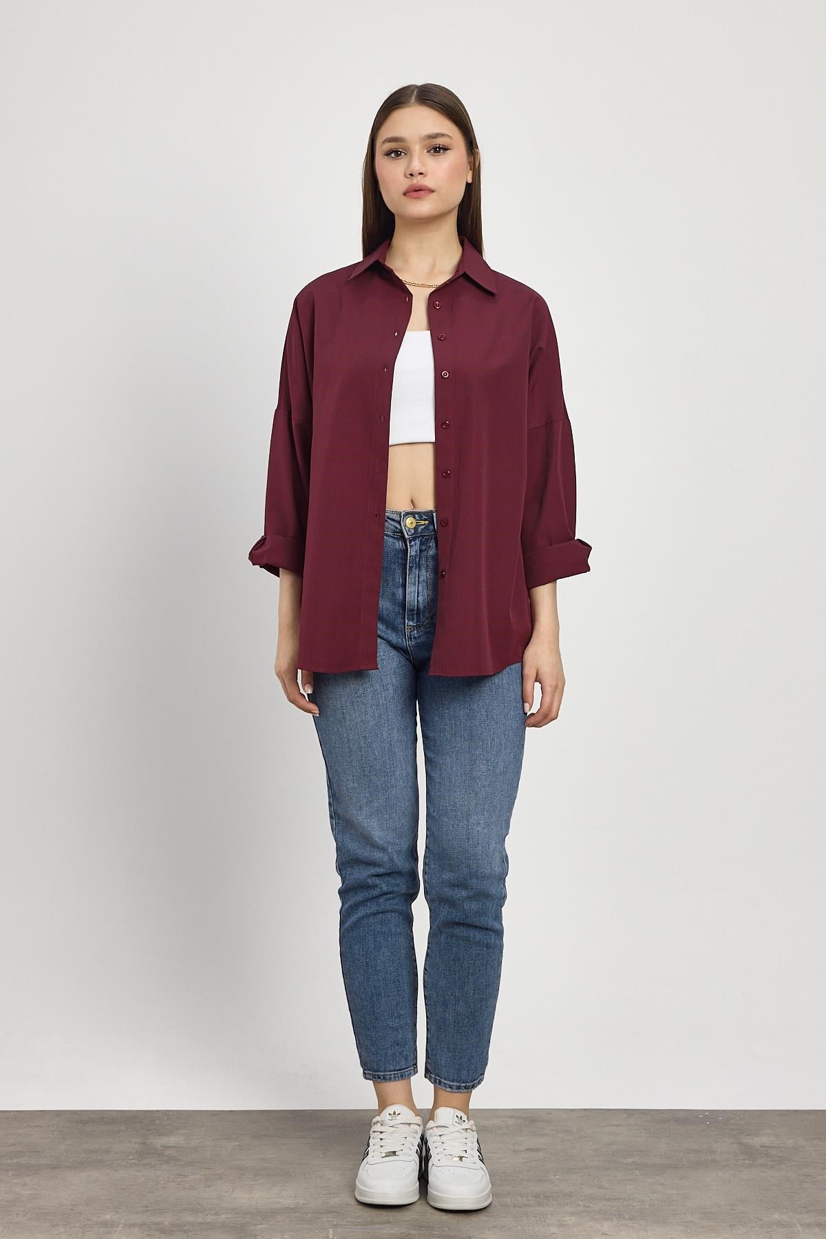 Bordo Relaxed Fit Rahat Kesim Basic Gömlek - 6621A