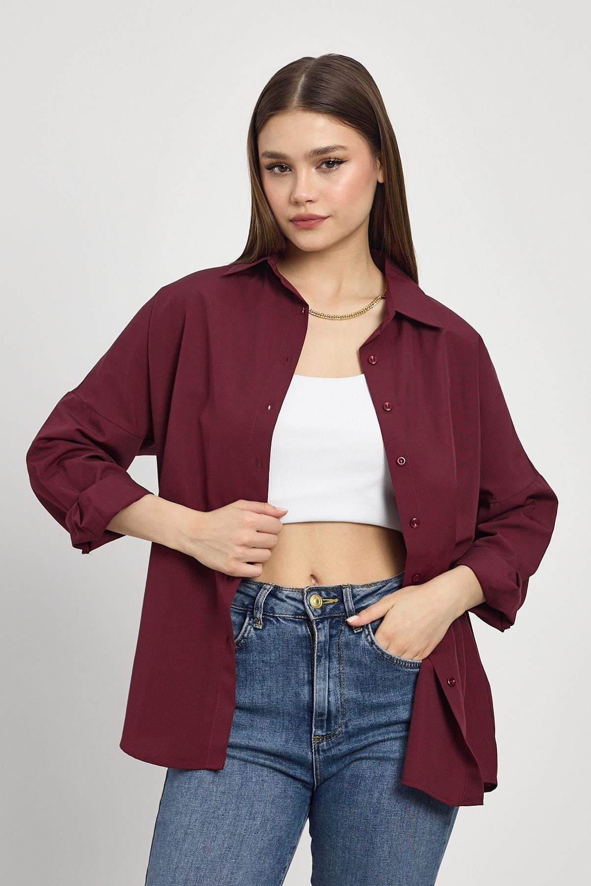 Bordo Relaxed Fit Rahat Kesim Basic Gömlek - 6621A