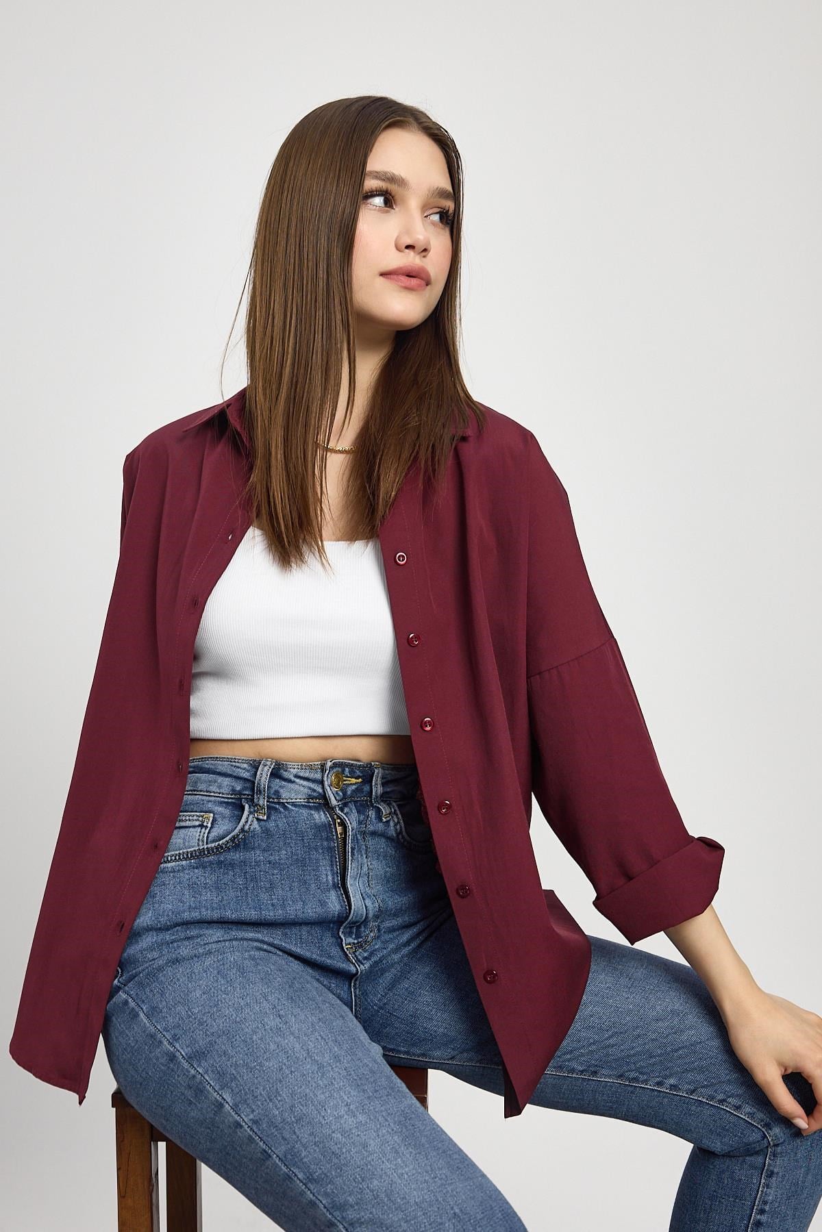 Bordo Relaxed Fit Rahat Kesim Basic Gömlek - 6621A